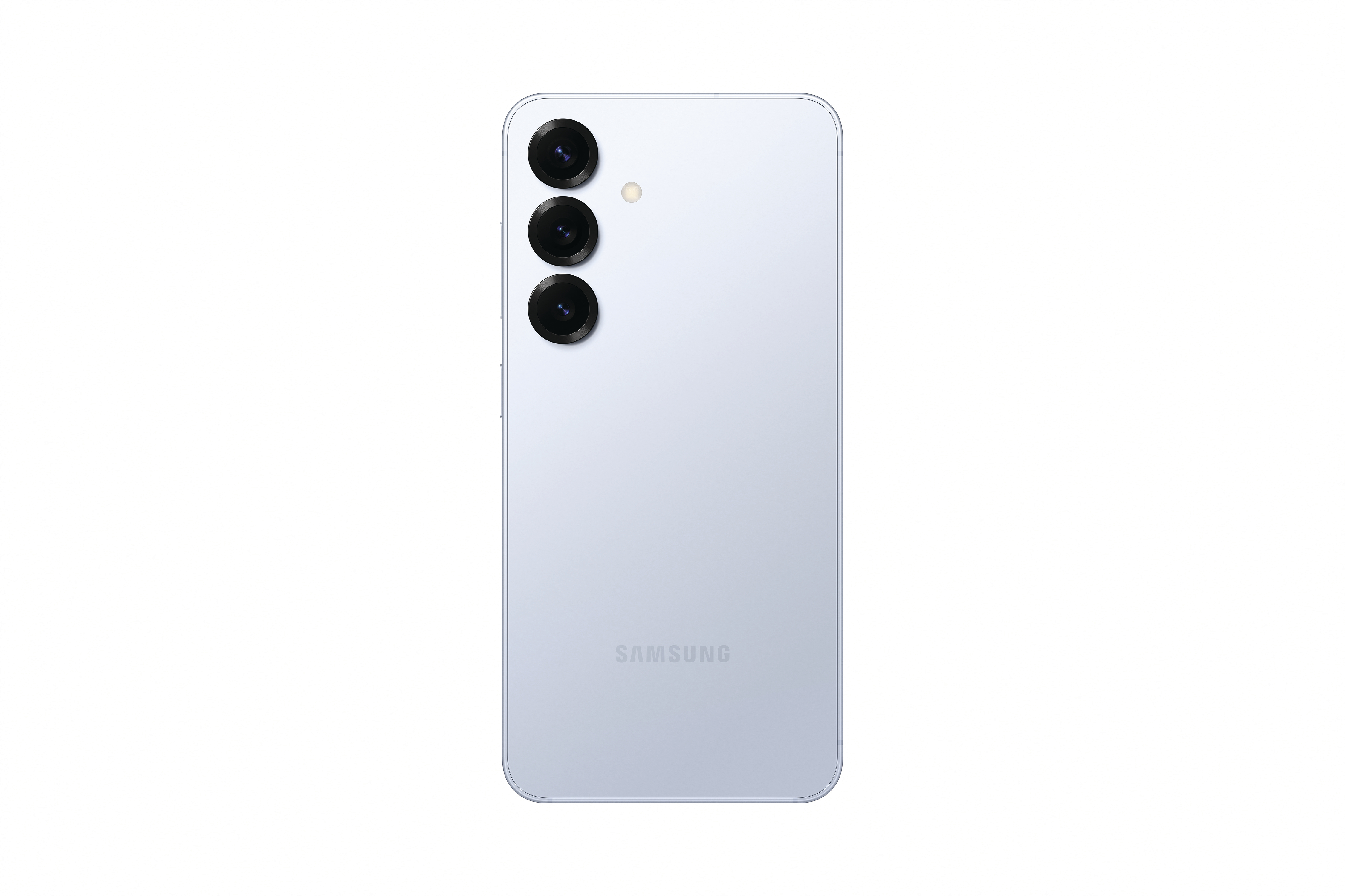 Hellblauer Telefonrücken mit drei Kameralinsen und einem Samsung-Logo.