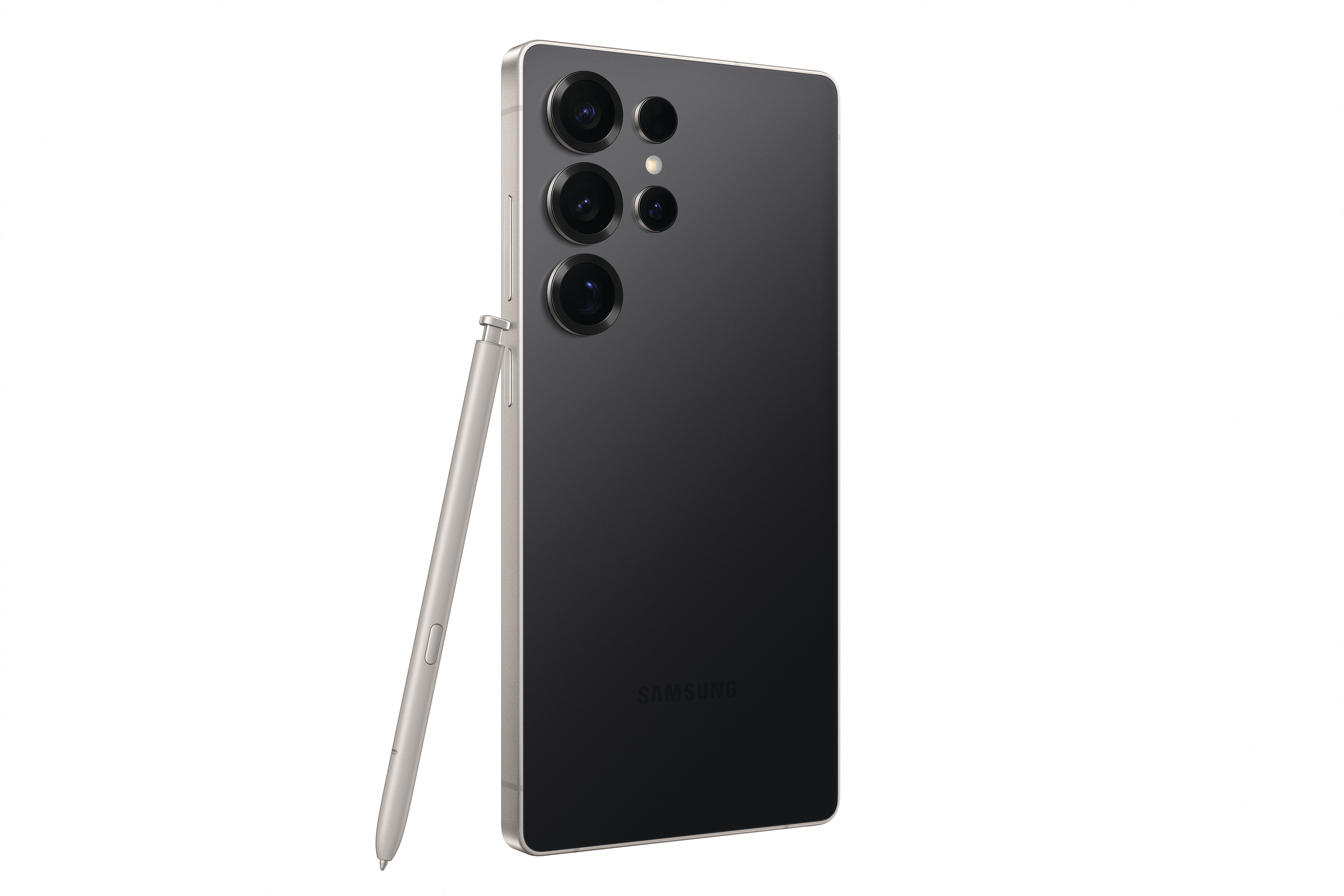 Schwarzes Samsung-Telefon mit silbernem Rahmen, Stift und mehreren Rückkameras.