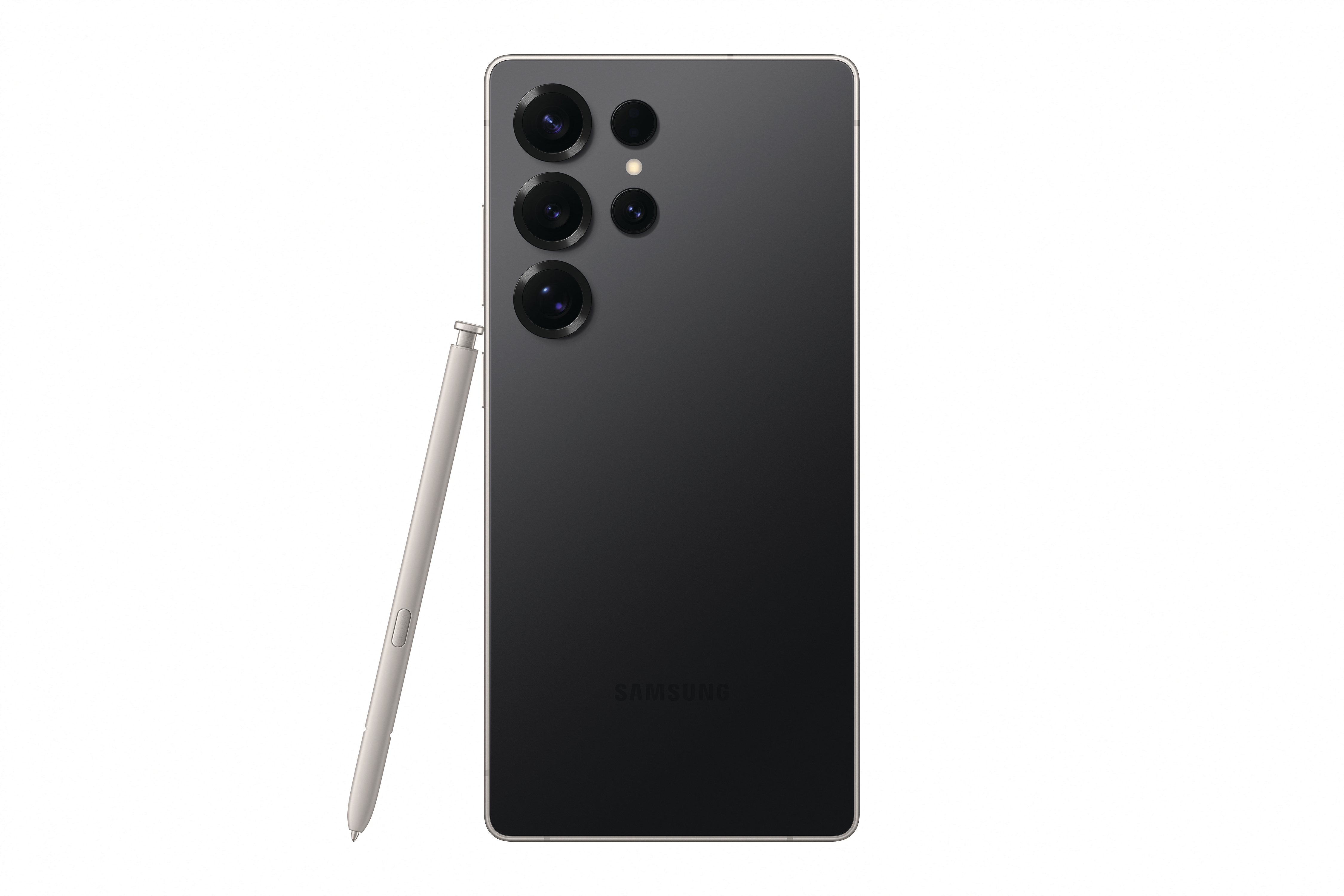Ein schwarzes Telefon mit mehreren Kameras und einem Stift auf weißem Hintergrund.