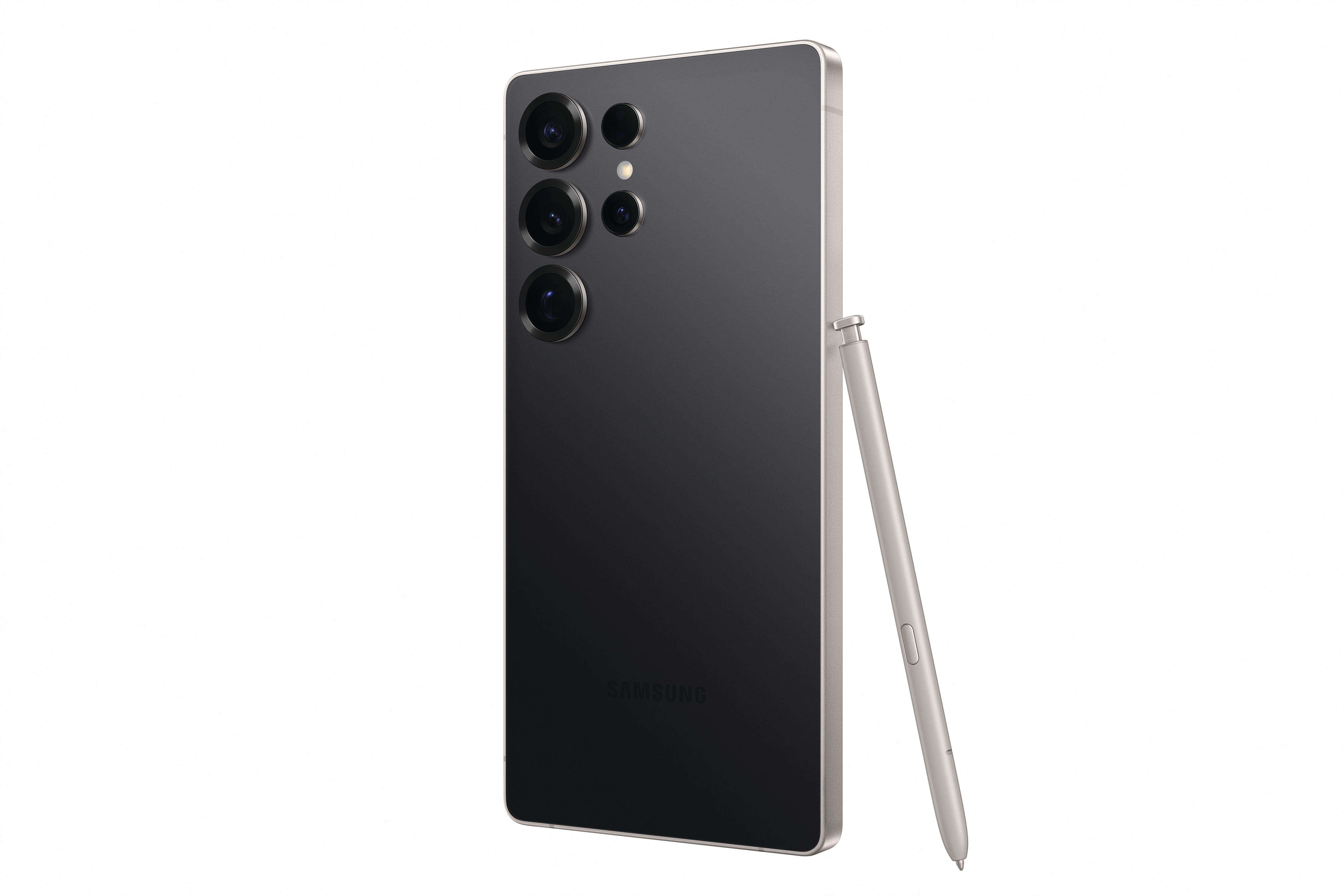 Smartphone mit drei Rückkameras, schwarzem Gehäuse und silbernem Eingabestift. Samsung-Logo sichtbar.