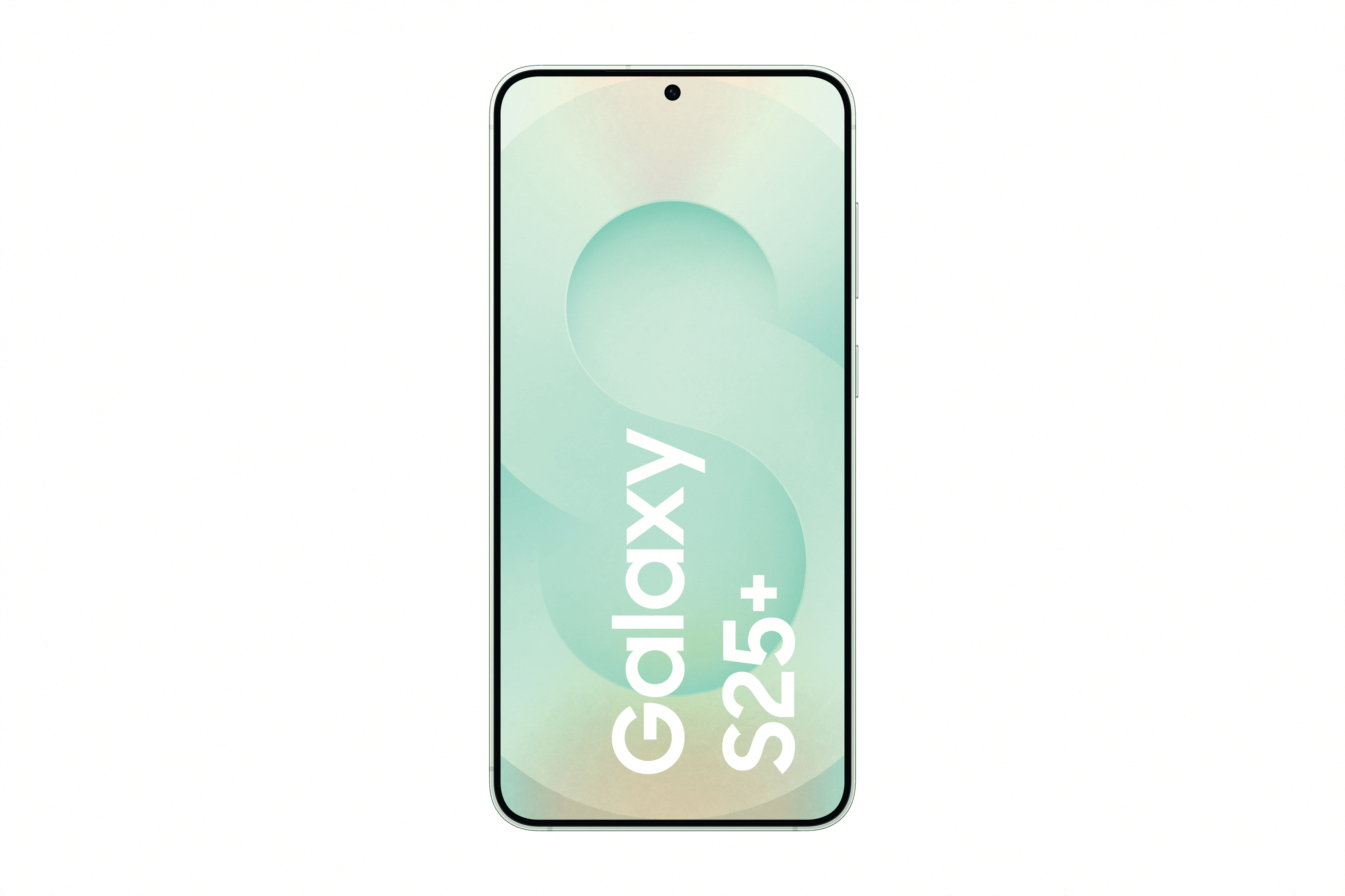 Vorderansicht eines Galaxy S25+ Telefons. Der Bildschirm ist eingeschaltet und zeigt ein hellgrünes und weißes Design.