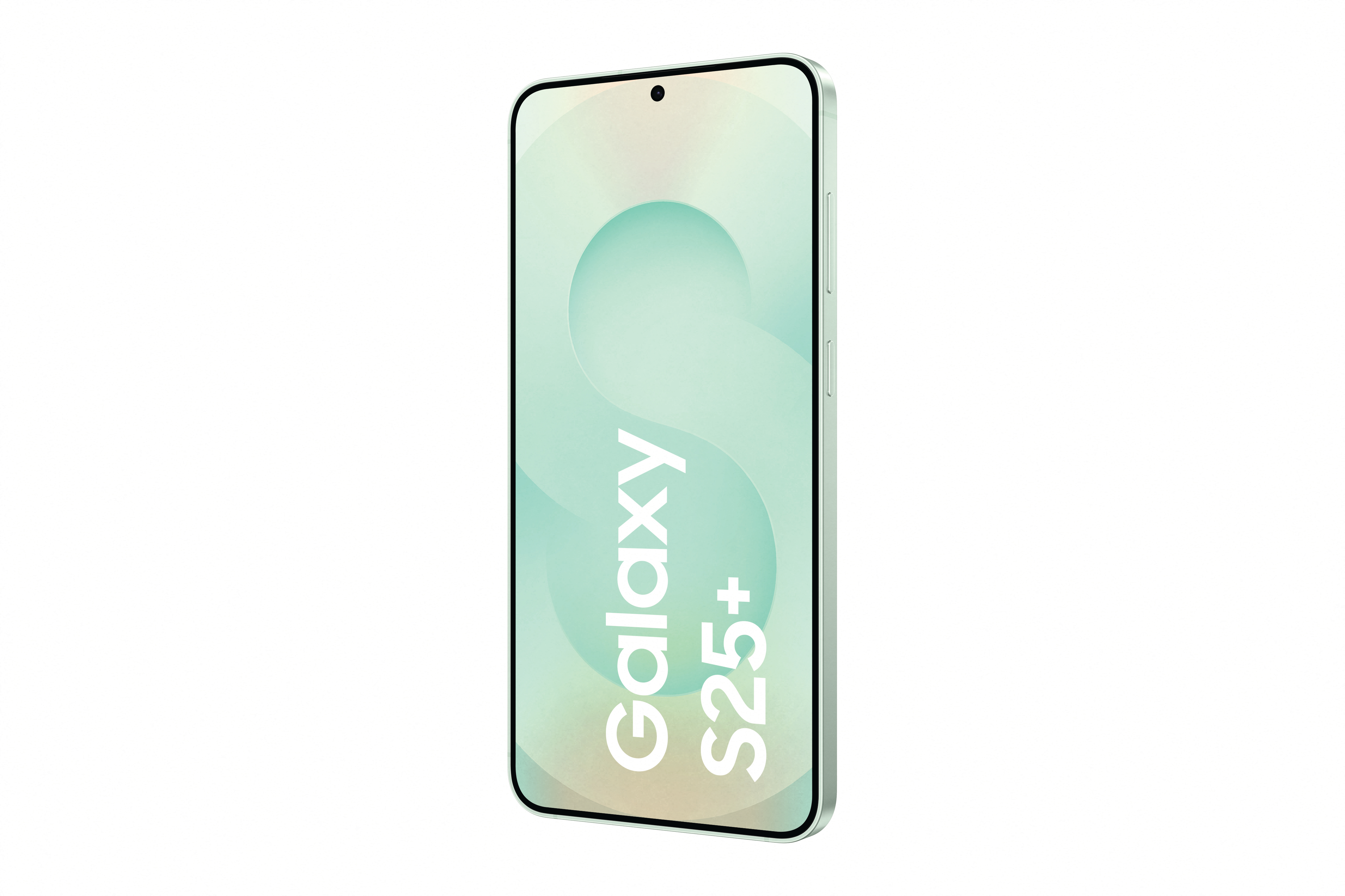 Minzgrünes Smartphone mit 'Galaxy S25+' Text und gebogenem Bildschirm.