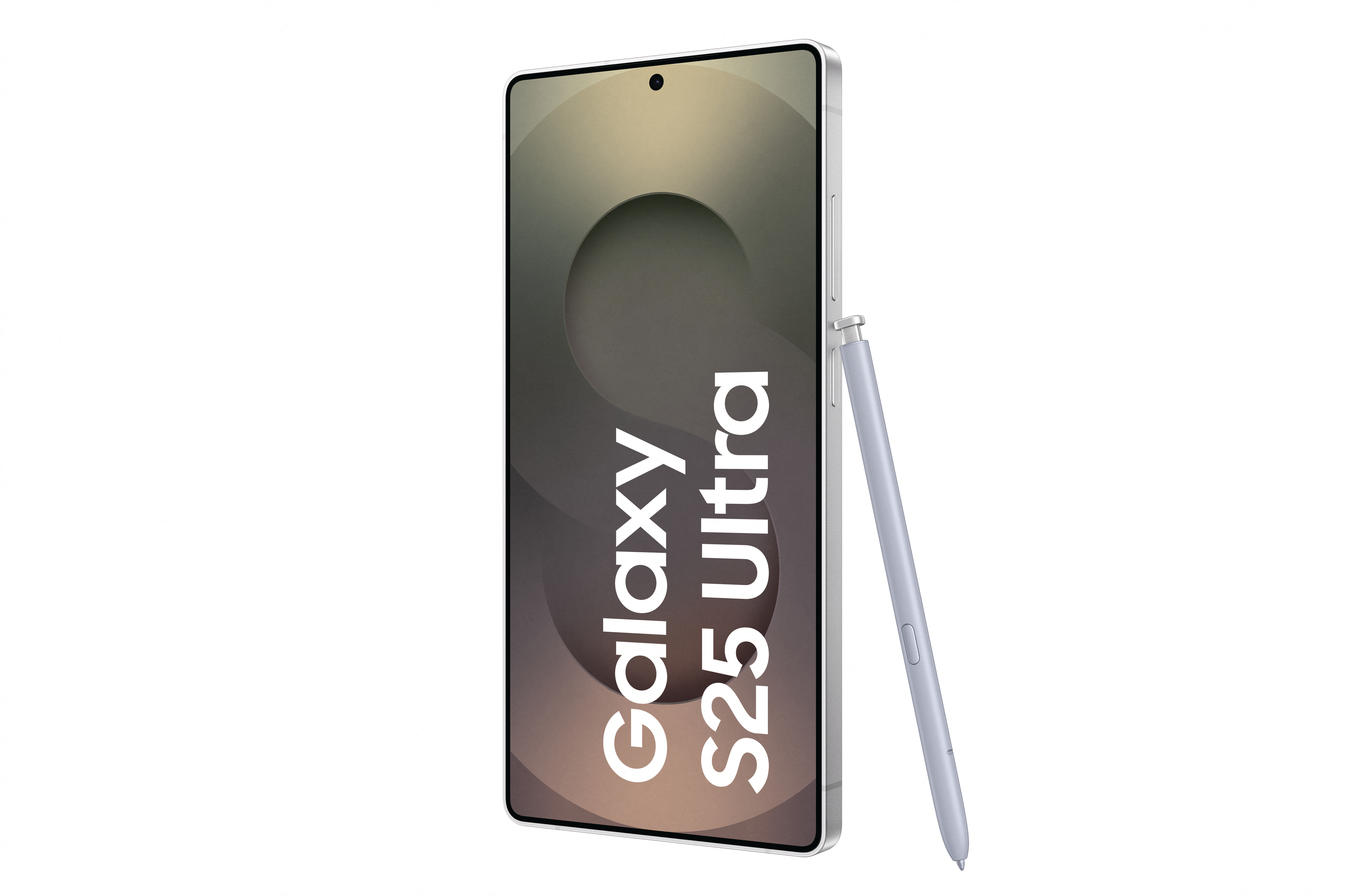 Smartphone mit "Galaxy S25 Ultra" Text, mit Stift, weißer Hintergrund.