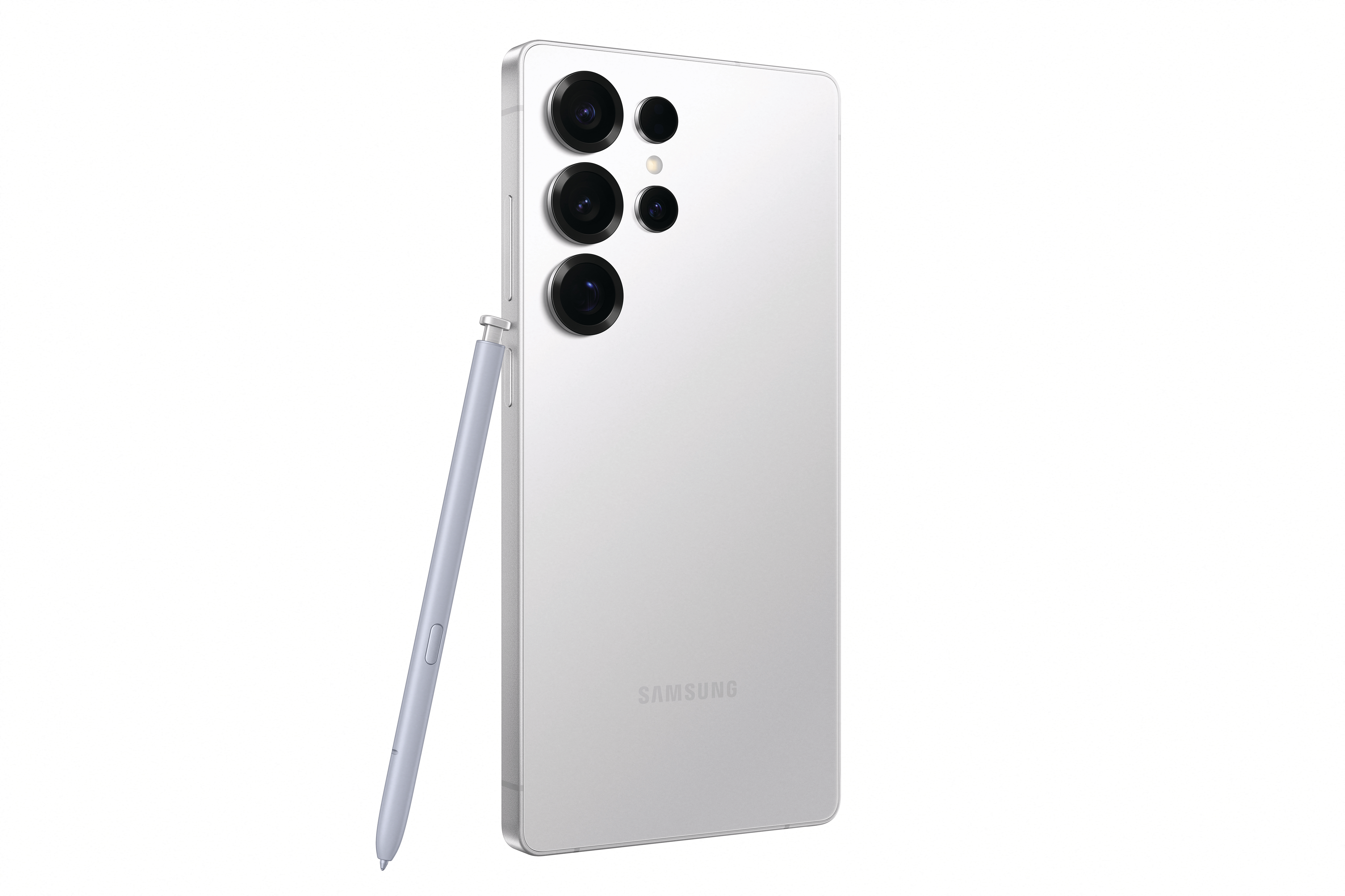 Weißes Telefon mit Stift, drei Kameras auf der Rückseite.