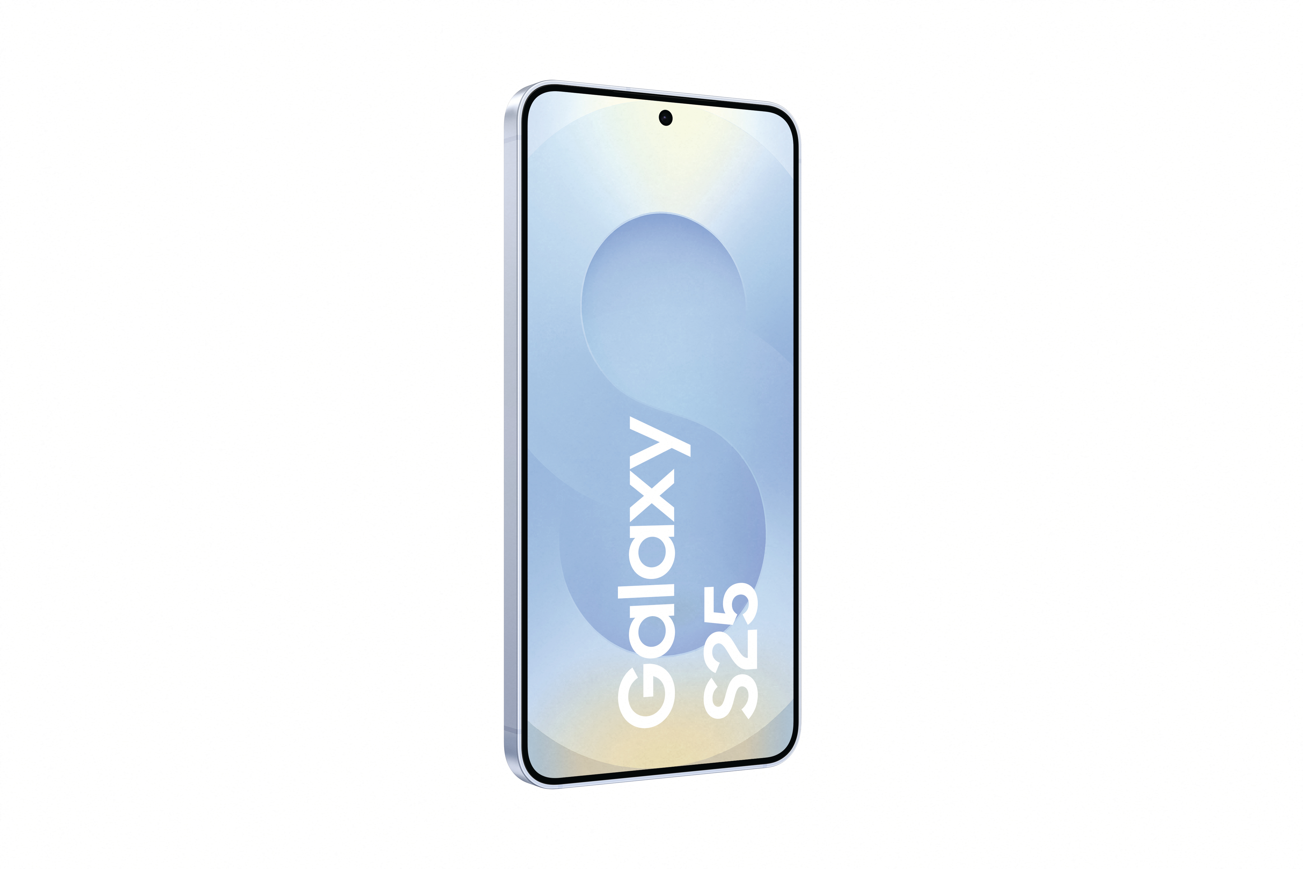 Smartphone mit blau-weißem Bildschirm und Text "Galaxy S25", isoliert auf Weiß.