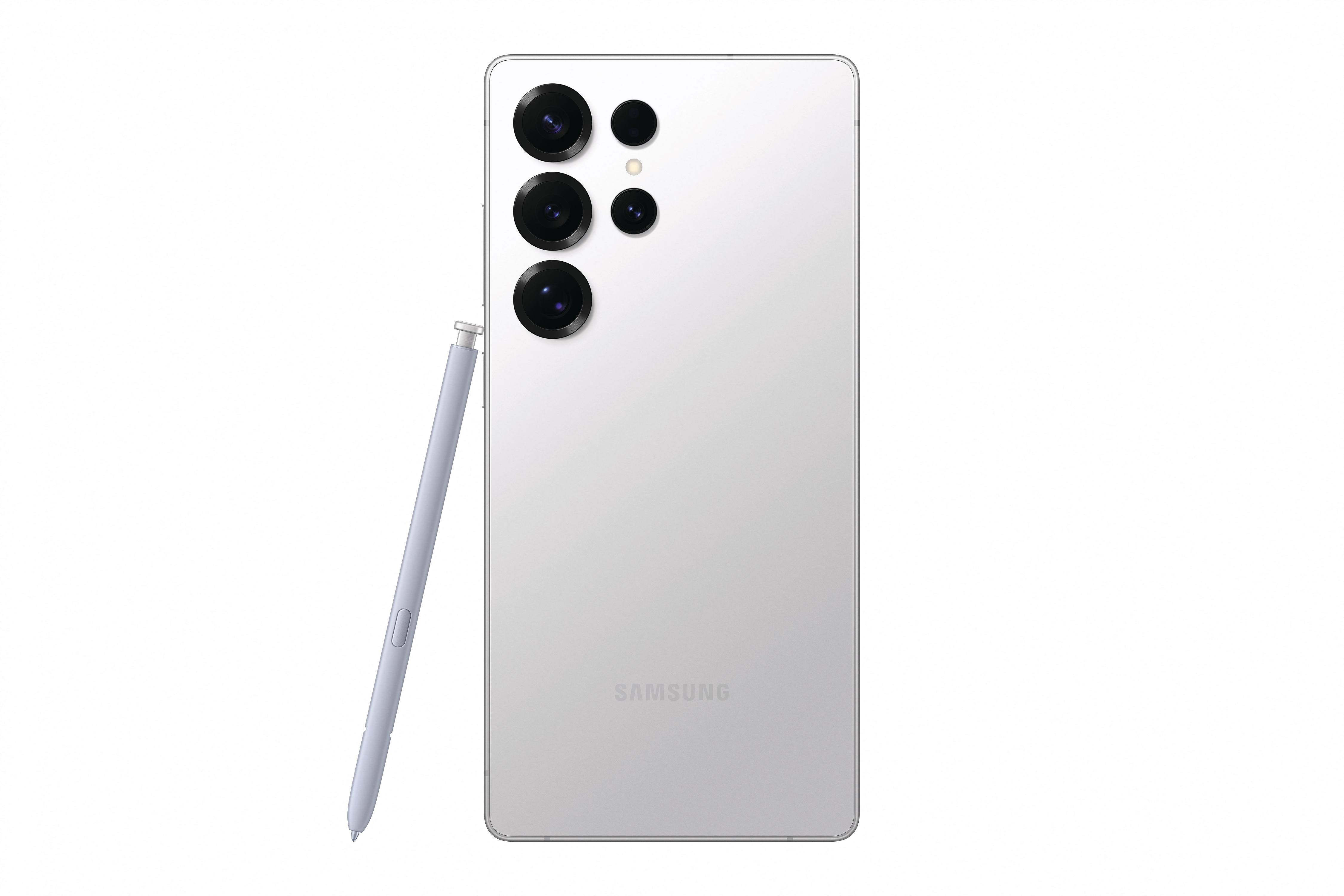 Weißes Smartphone mit mehreren Kameras, Stift und weißem Hintergrund.