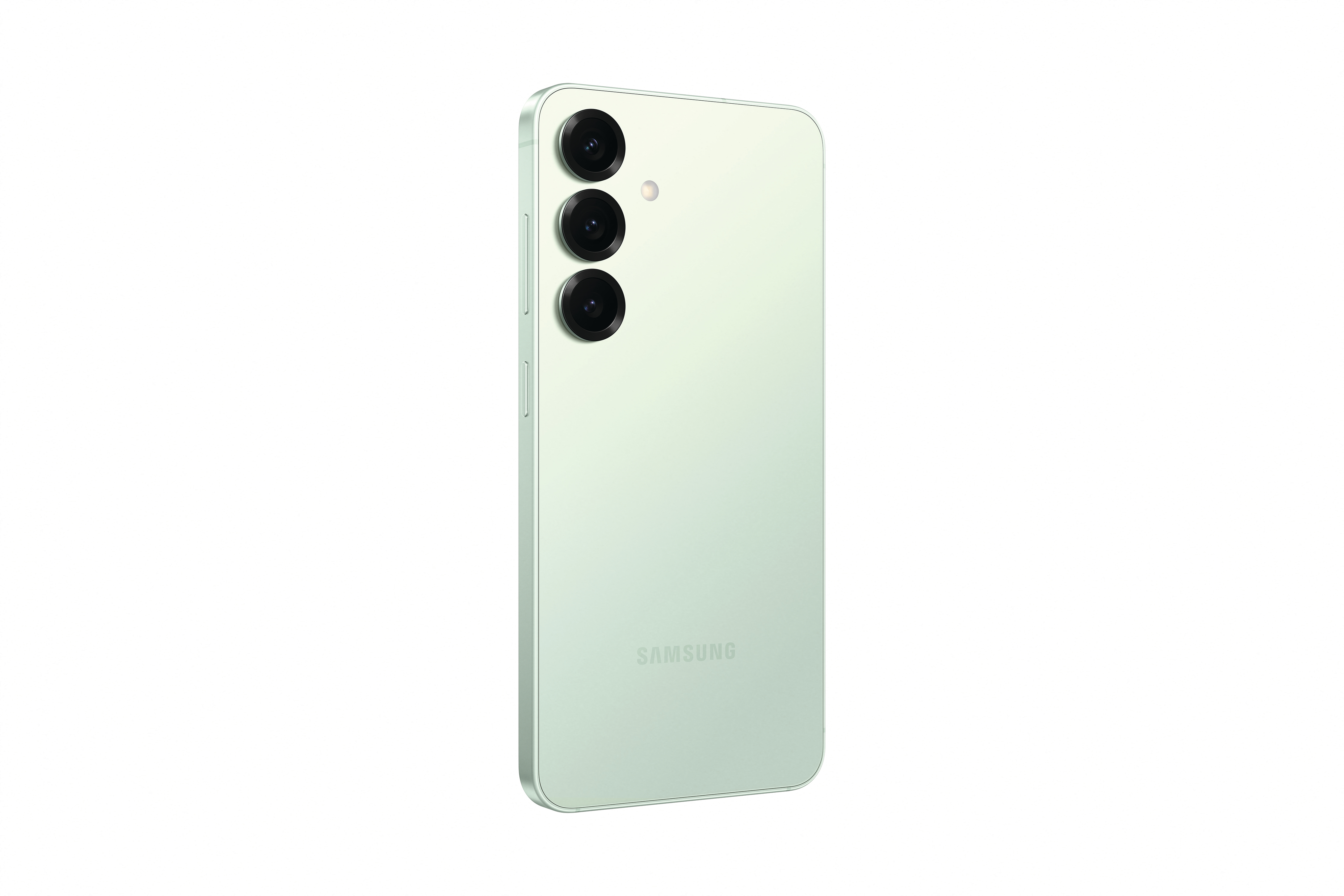 Ein hellgrünes Smartphone mit drei Rückkameras, leicht angewinkelt. Unten ist ein SAMSUNG-Logo.