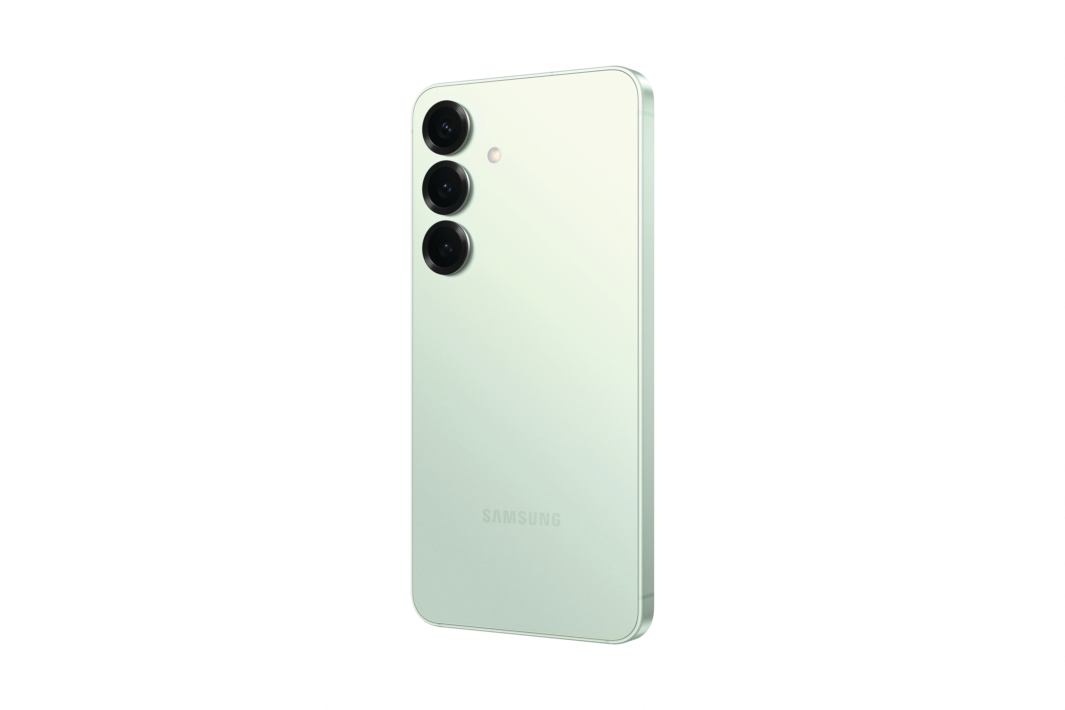 Hellgrüner Telefonrücken mit drei Kameralinsen und Samsung-Logo sichtbar.