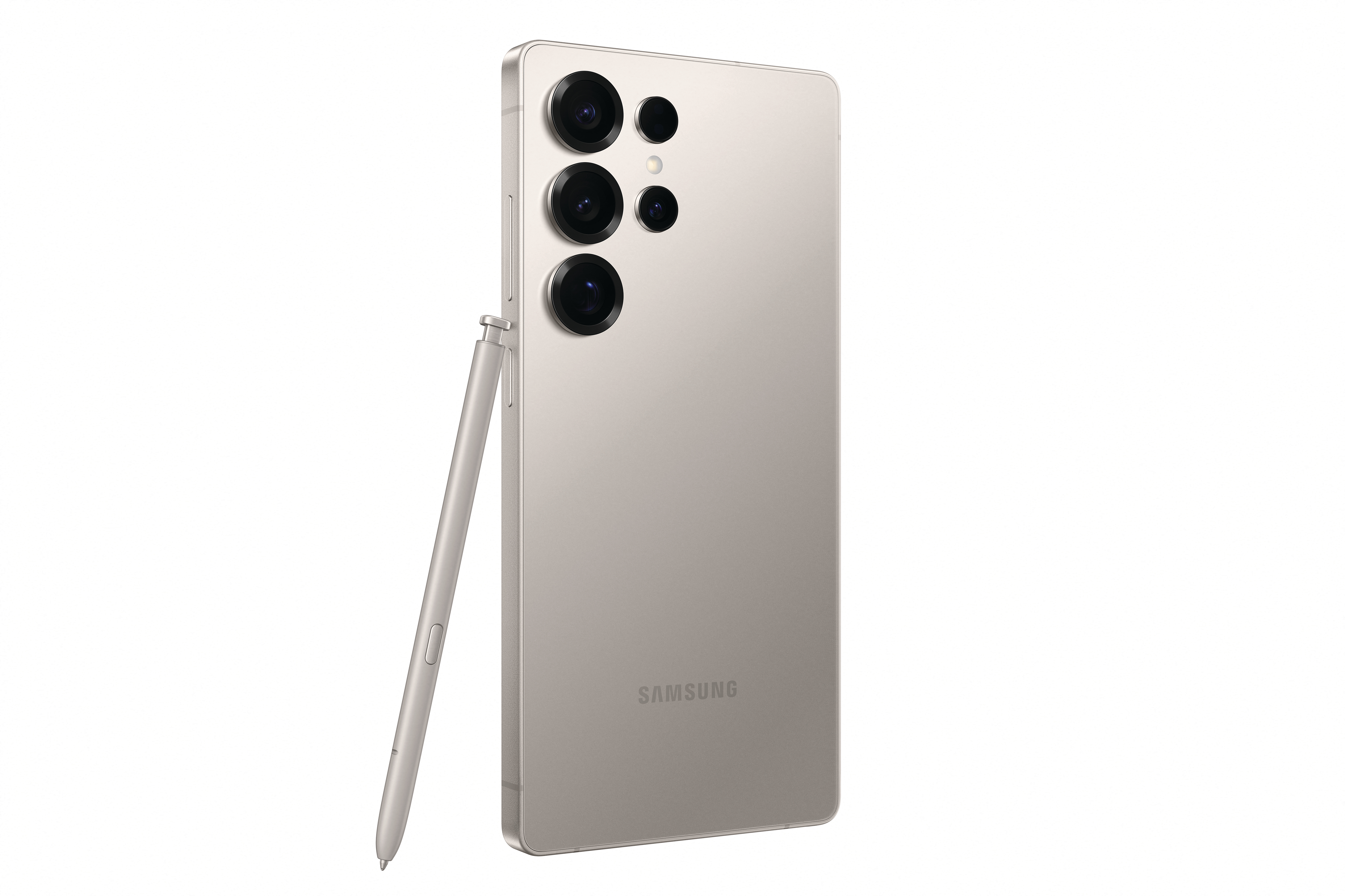Ein beigefarbenes Smartphone mit einem Stift. Das Telefon hat drei Rückkameras.