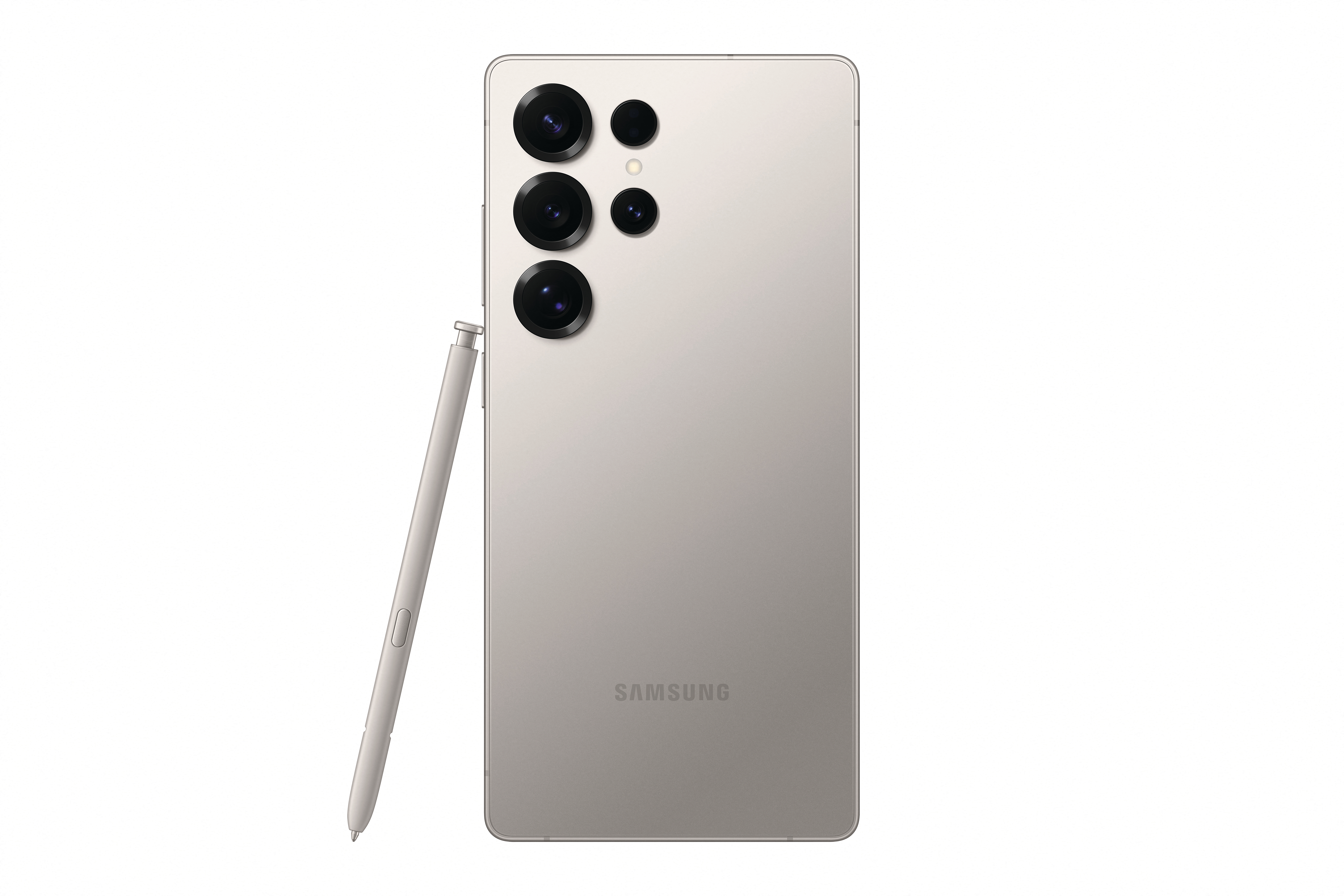 Ein silbernes Telefon mit Stift, zeigt die Rückseite mit Kameralinsen und Samsung-Logo.