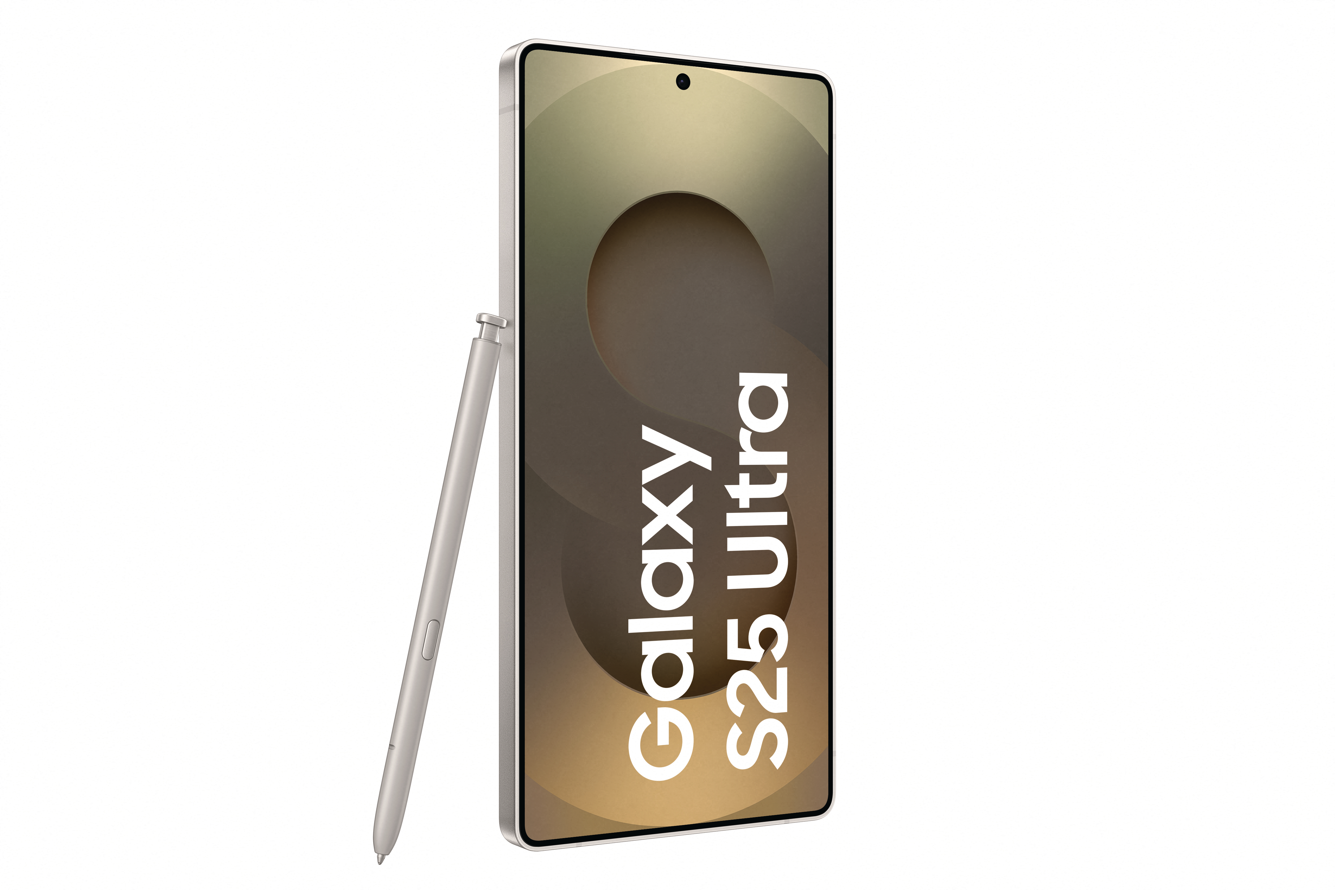 Weißes Smartphone mit Stift, mit den Worten "Galaxy S25 Ultra".