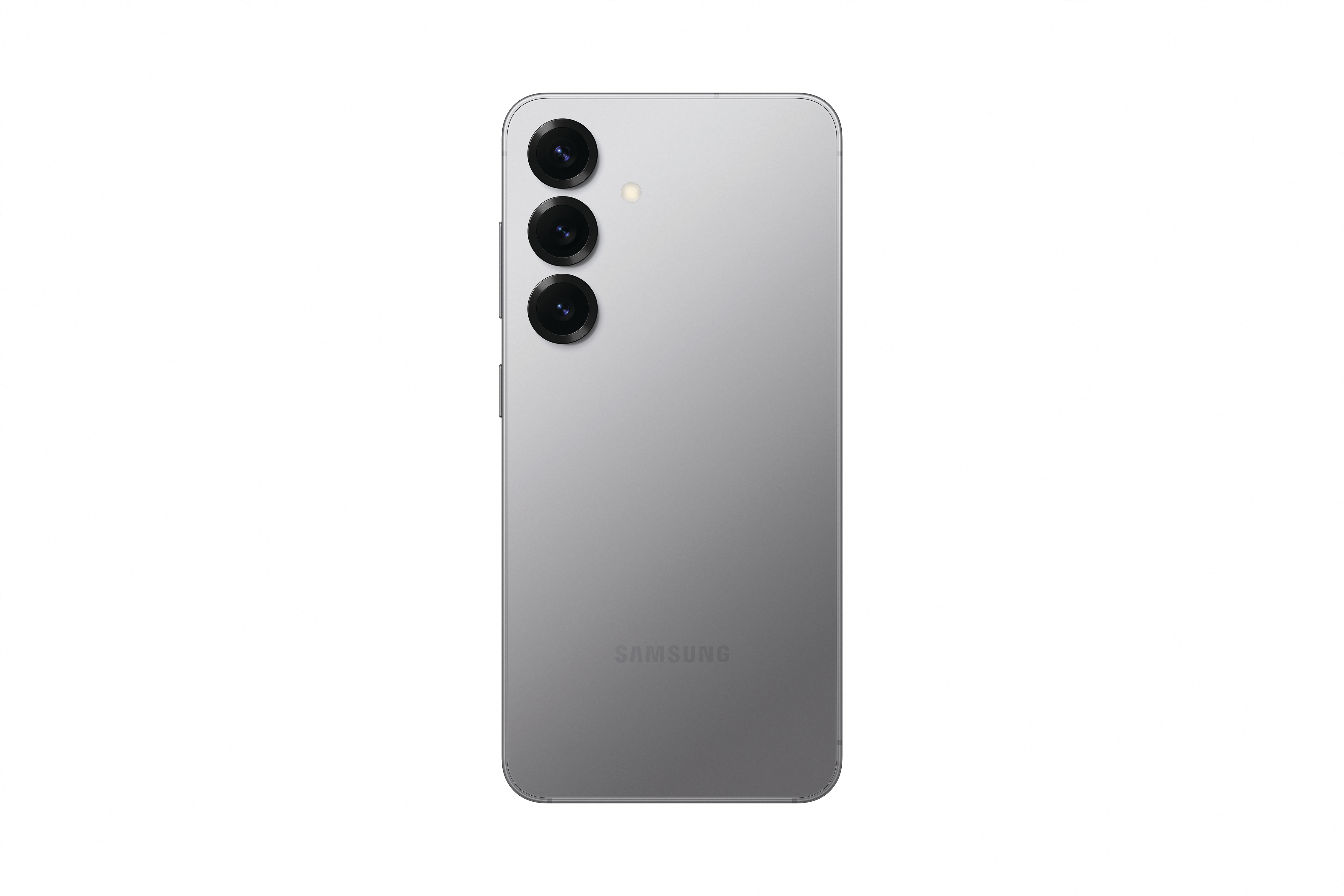 Rückseite eines grauen Smartphones. Drei Kameras und das Samsung-Logo sichtbar.