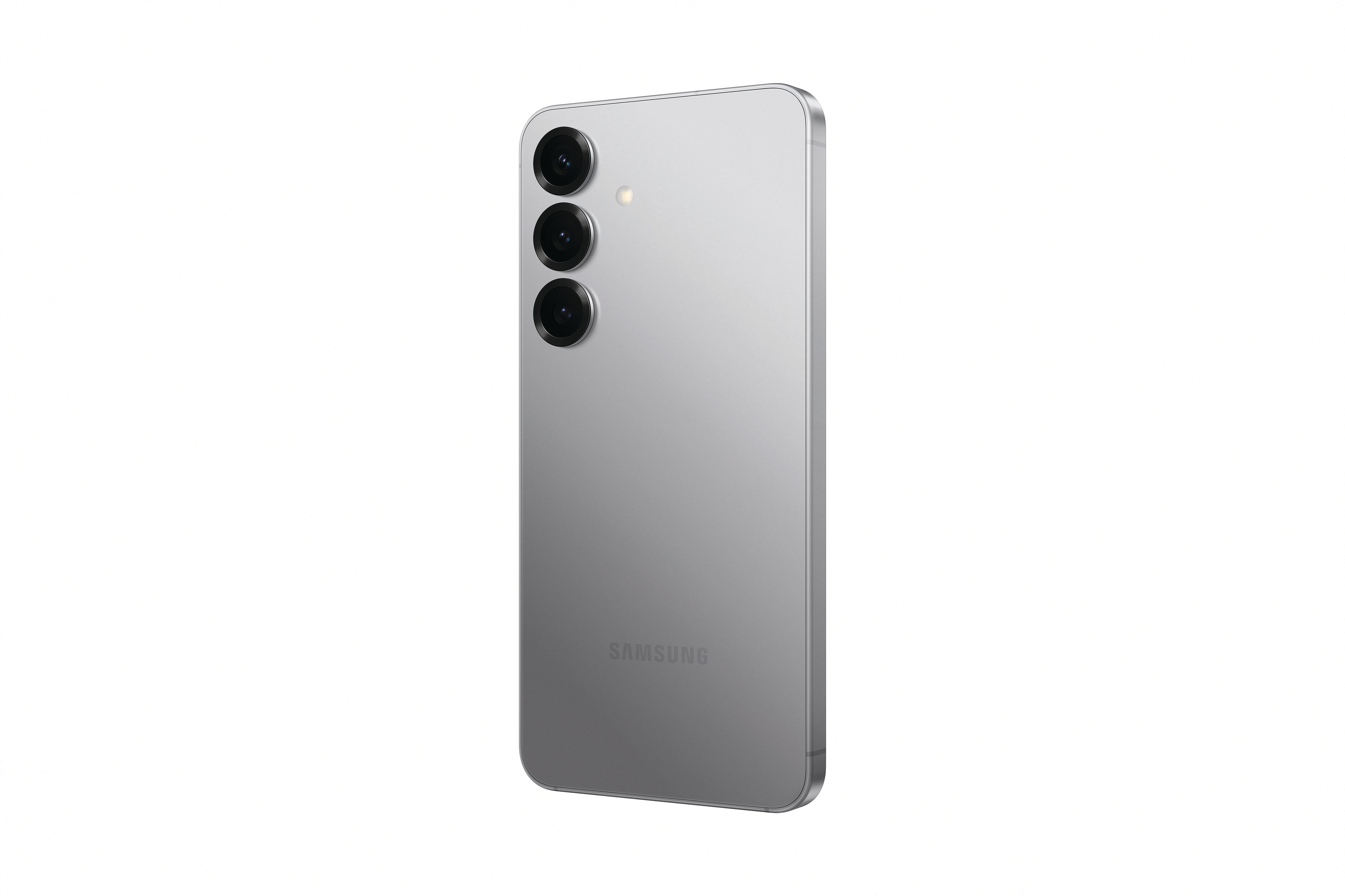 Silbernes Smartphone mit Rückkameras und Samsung-Logo. Weißer Hintergrund.