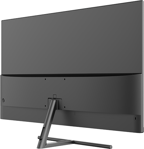 Egy nagy, sötétszürke monitor hátulról, állvánnyal. A képernyő üres.