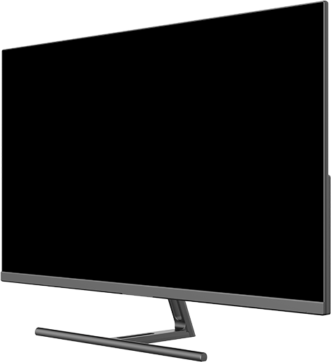 Modern lapos képernyős monitor fekete képernyővel, ezüst kerettel és állvánnyal.
