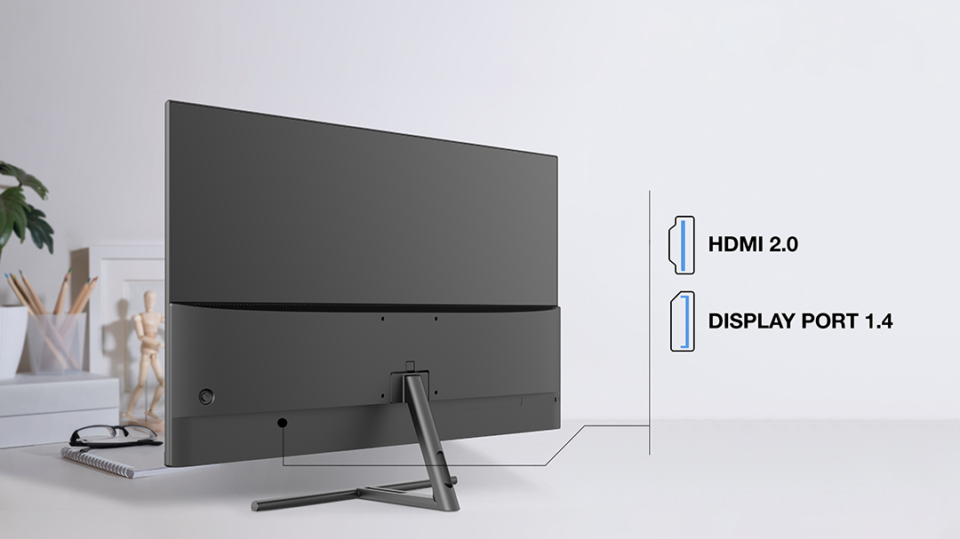 Számítógép monitor hátulja HDMI-vel és DisplayPorttal.
