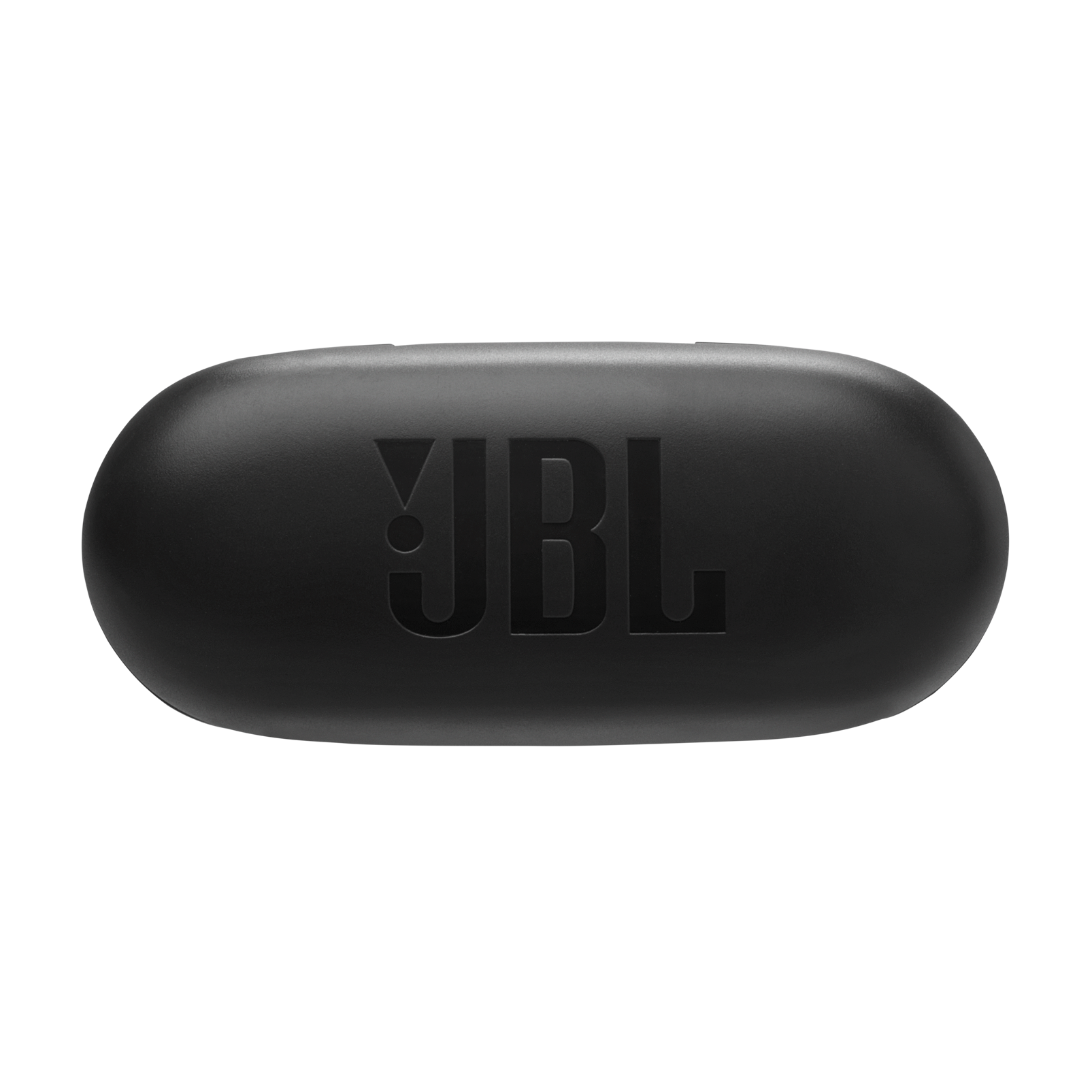 Siyah, oval JBL kulaklık şarj kutusu, siyah zemin üzerinde JBL logosu.