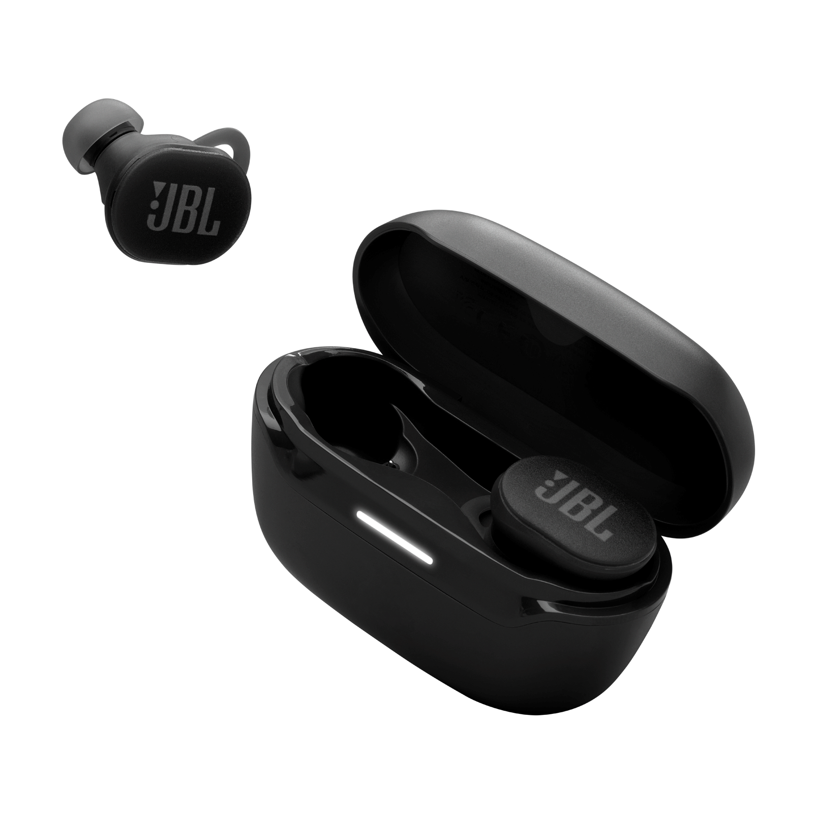 Siyah kulaklıklar, biri kılıfında, diğeri ayrı. JBL logosu görünür.