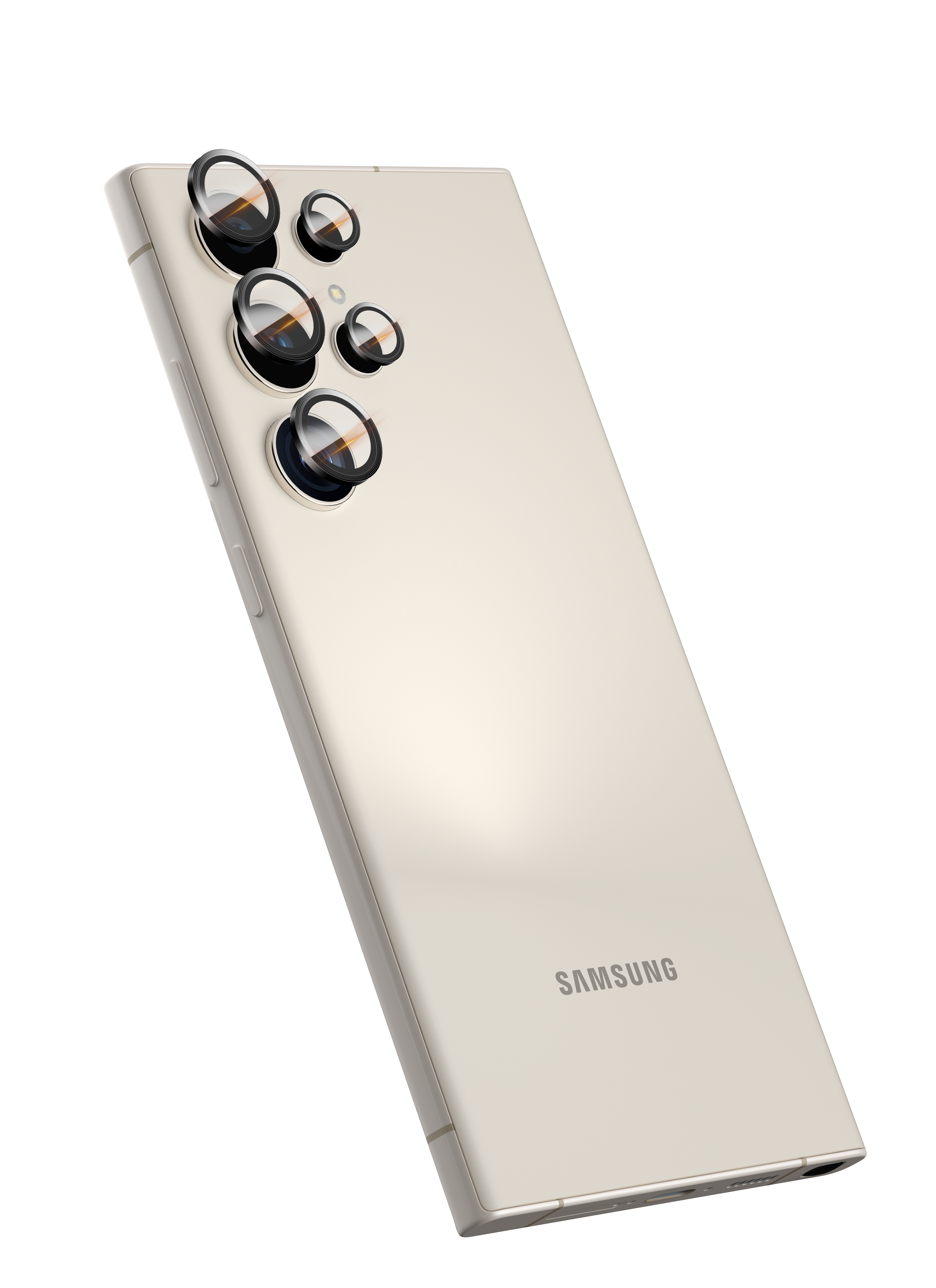 Smartphone schräg hinten. Beige Rückseite mit mehreren Kameralinsen. Wort 'SAMSUNG' sichtbar.
