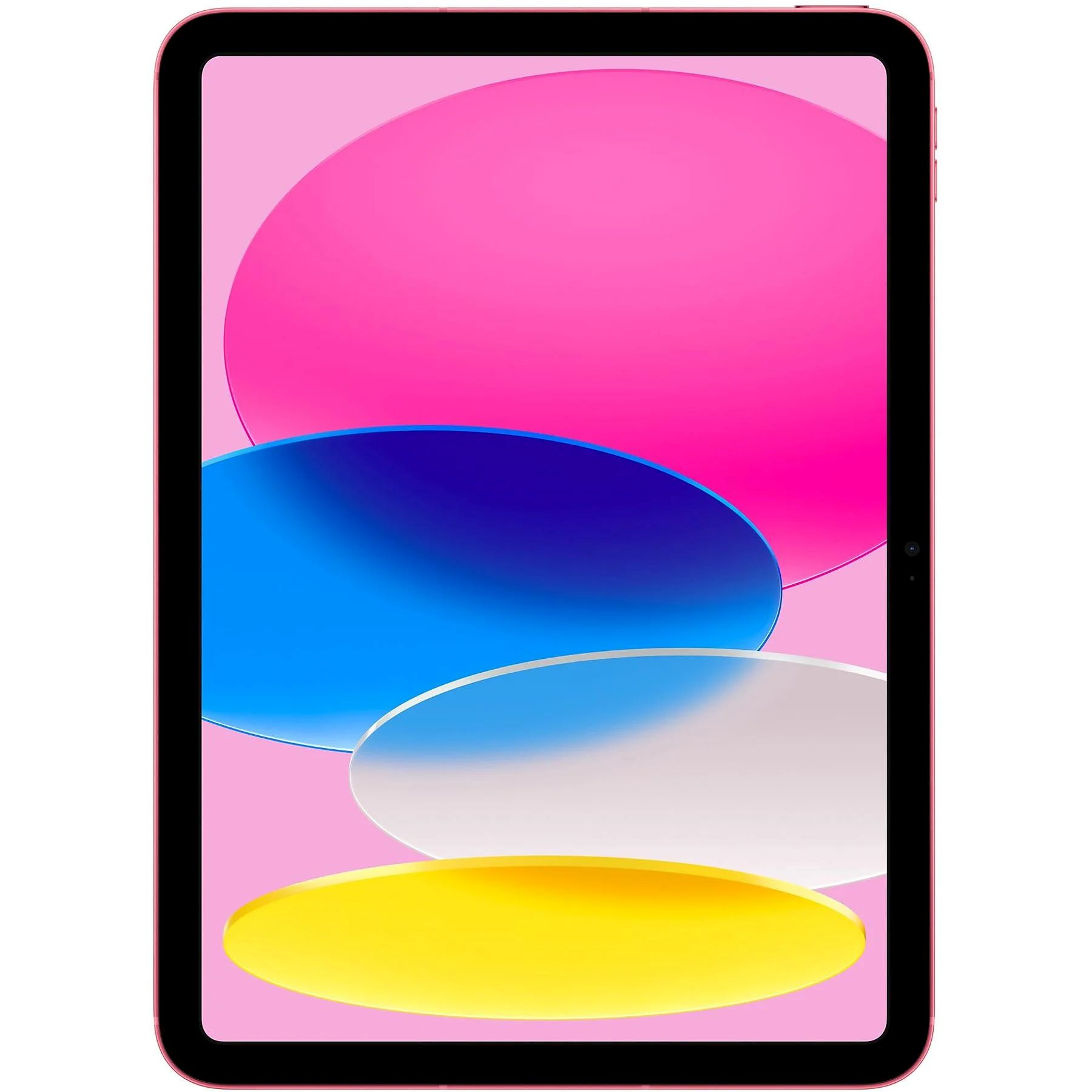 Ein pinkfarbenes iPad-Tablet mit einem bunten, abstrakten Hintergrundbild.