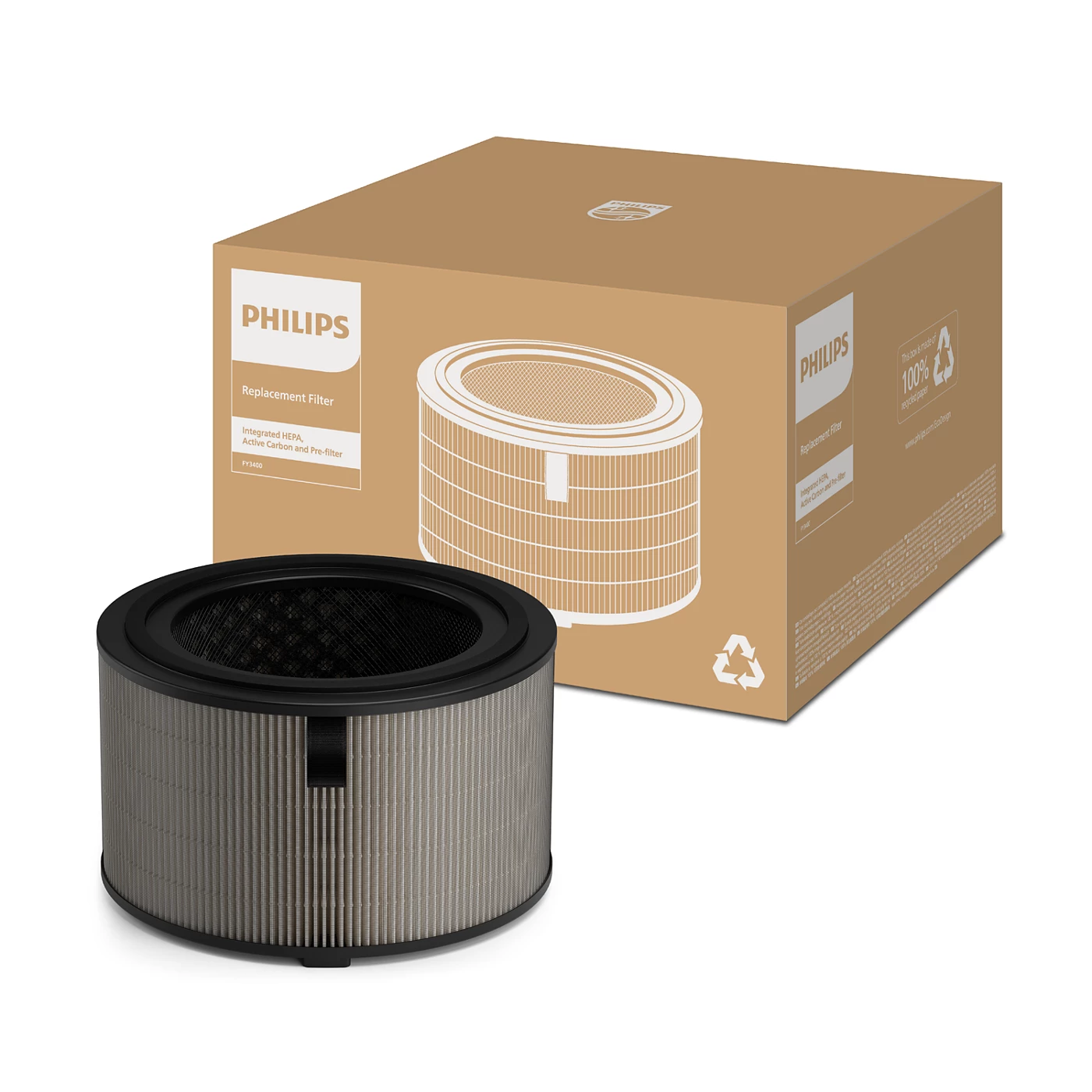 Filtre ve kutu. Filtre siyah ve kahverengi kenarlıdır. Kutu, Philips Yedek Filtre yazıyor.