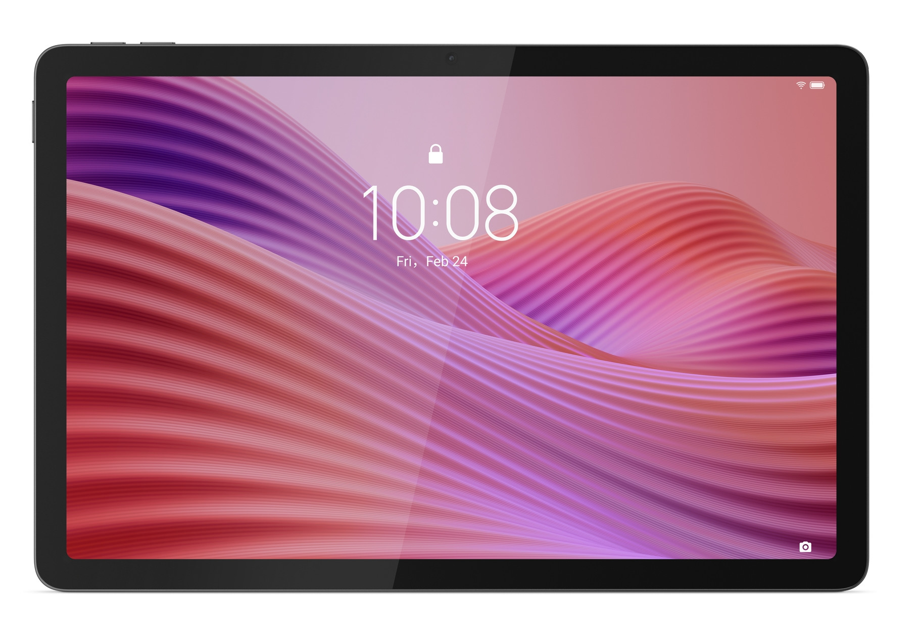 Czarny tablet z godziną i abstrakcyjnym różowo-fioletowym wzorem.