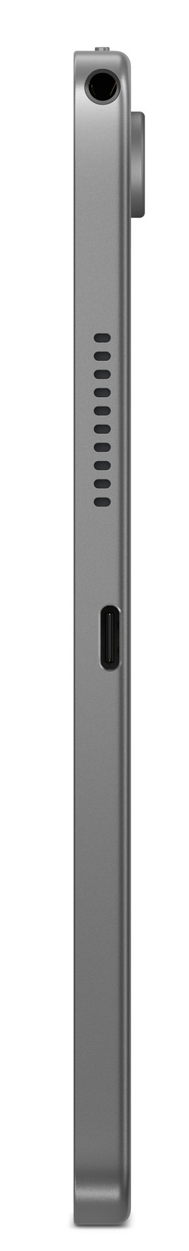 Widok z boku szarego tabletu z gniazdem słuchawkowym, portem i przyciskami.