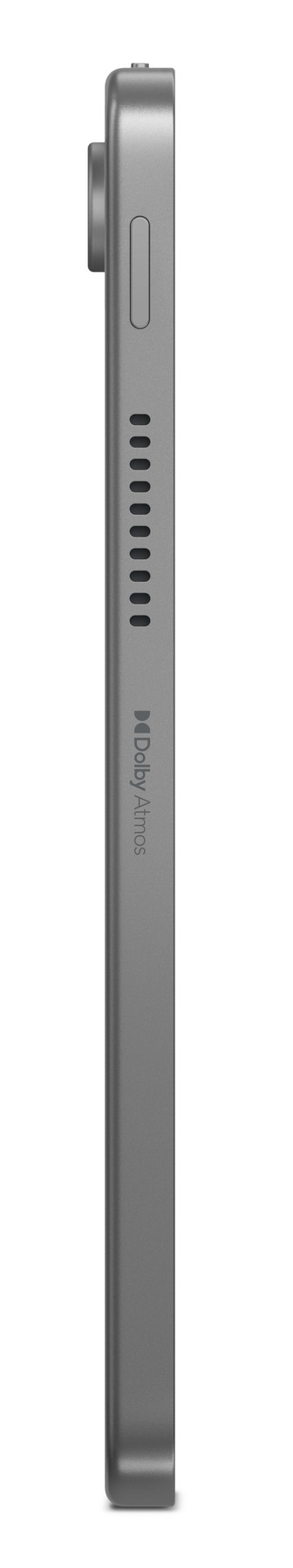 Szary tablet z widokiem z boku z aparatem i przyciskami na białym tle.