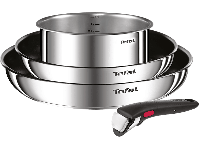 Set de sartenes - Tefal L881S4 Ingenio, 4 piezas, Mango extraíble, Revestimiento titanio antiadherente, Indicador calor, Acero Inox