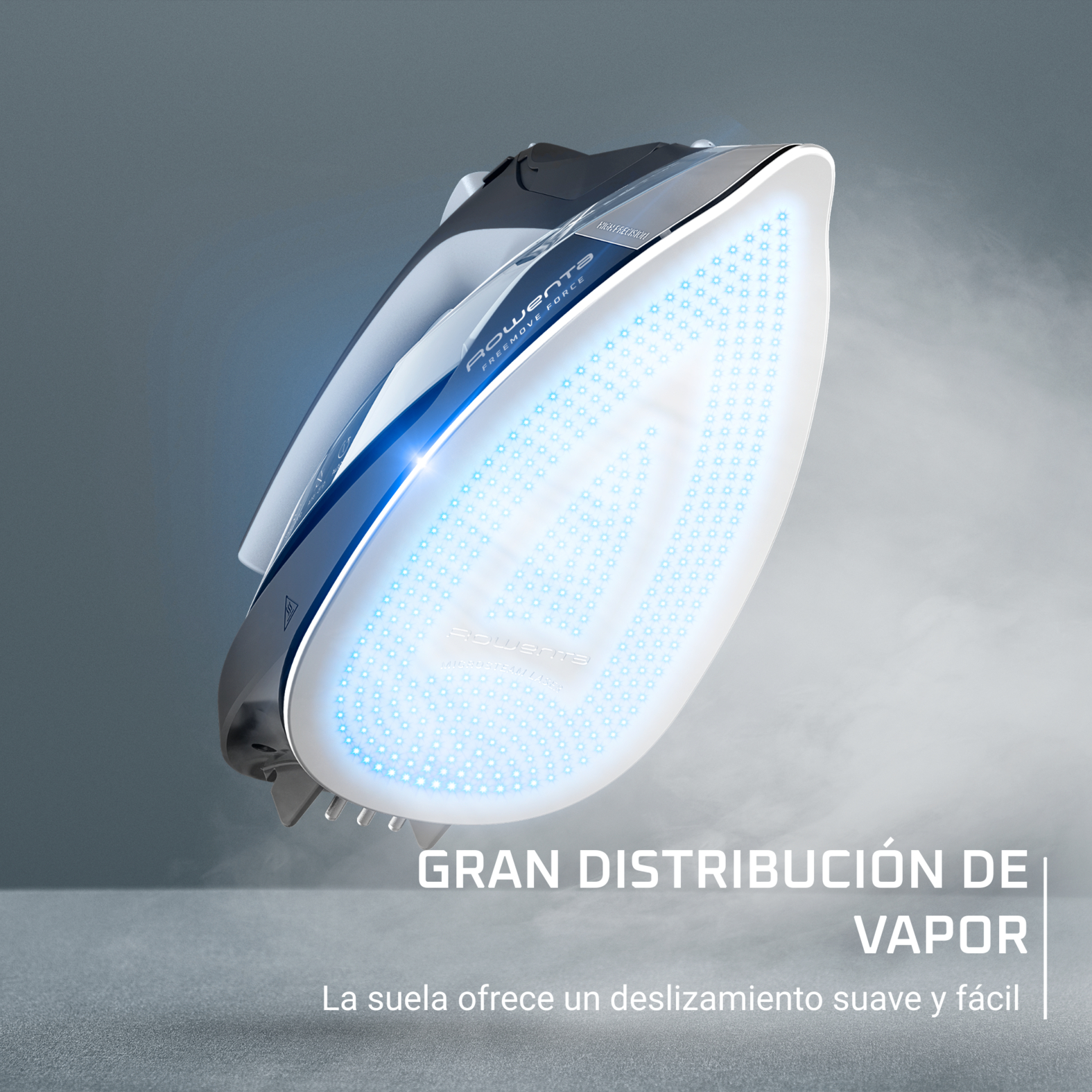 Base de la plancha, con luz azul y el texto: "Gran Distribución de Vapor".