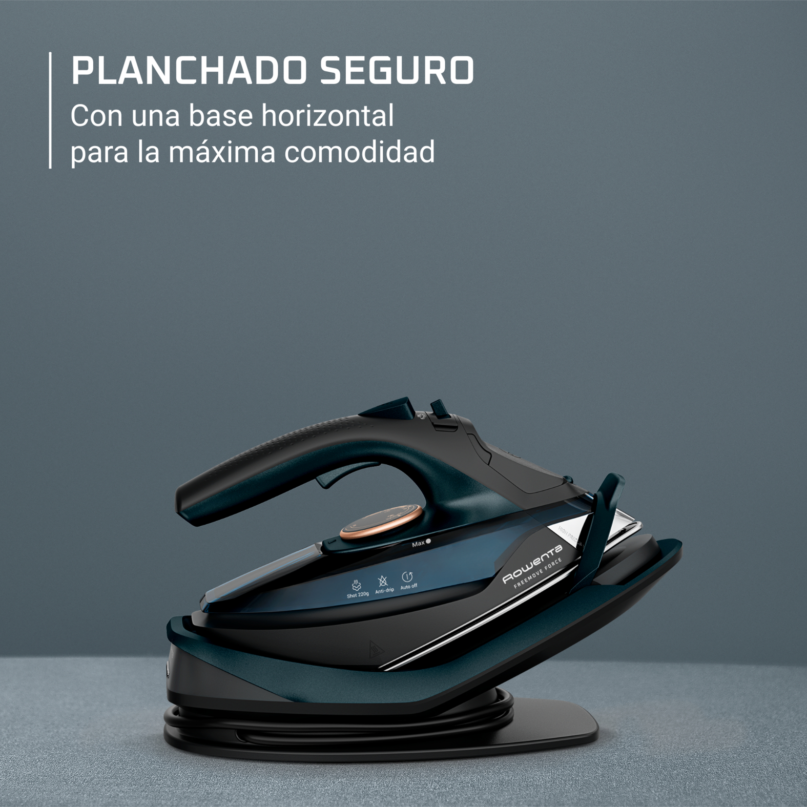 Plancha negra y verde azulado en soporte, texto: 'Planchado seguro'.