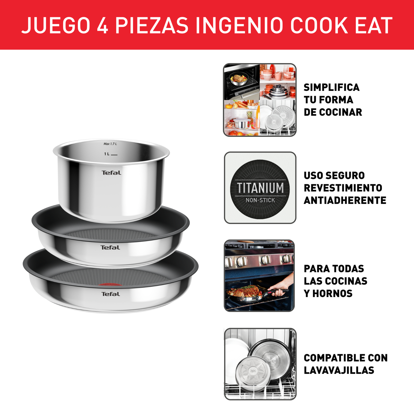 Juego de cuatro sartenes Tefal Ingenio Cook Eat de acero inoxidable y algunos iconos con descripciones.
