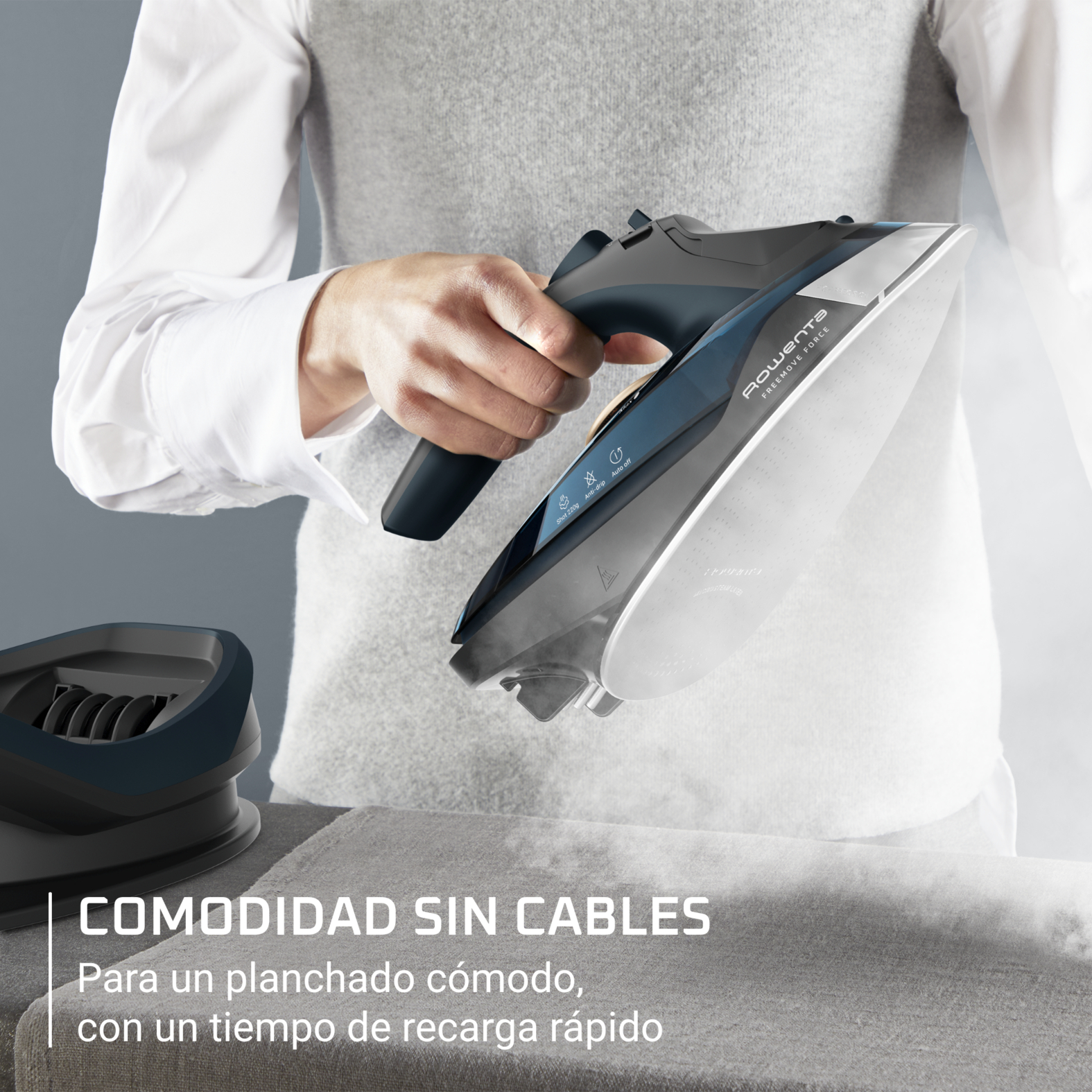 Persona planchando tela, plancha de vapor Rowenta, camisa blanca, texto en español.