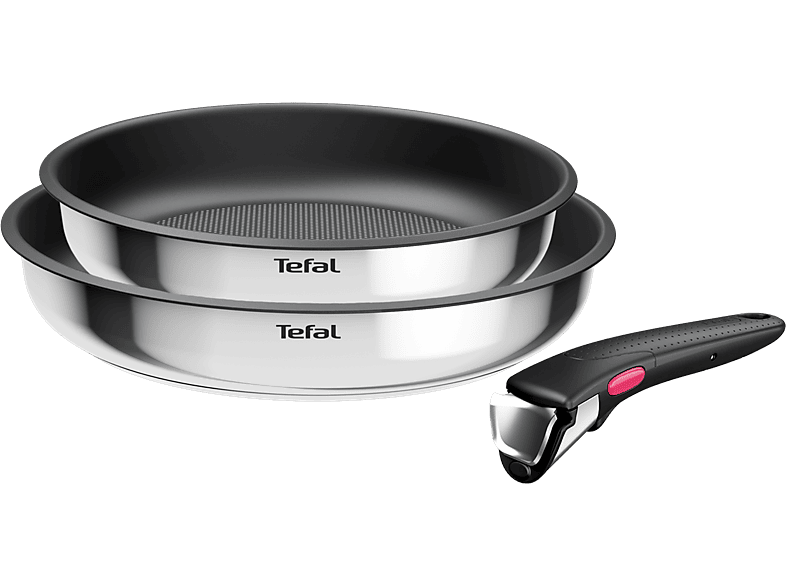 Set de sartenes - Tefal L8813S Ingenio, 2 unidades, 22/26 cm, Mango extraíble, Revestimiento titanio antiadherente, Indicador calor, Acero Inox