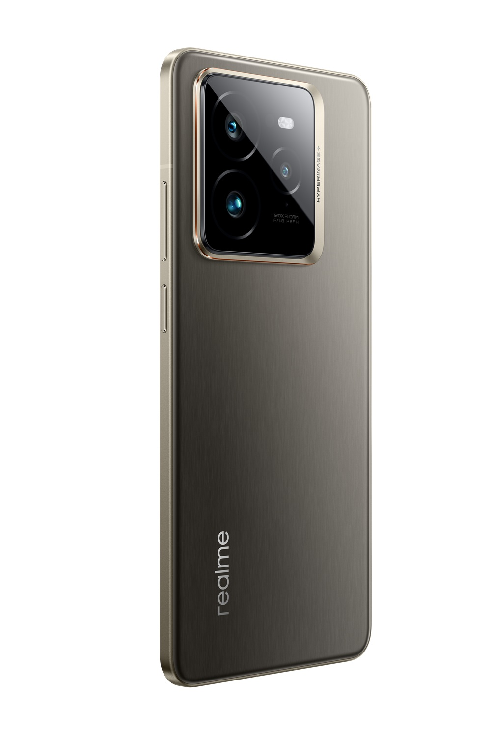 Akıllı telefonun arka görünümü, altın çerçeve, kamera ve Realme logosu ile.