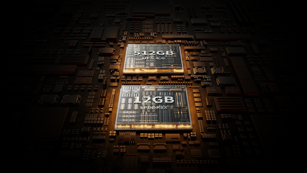 512GB UFS 4.0 ve 12GB LPDDR5X etiketli iki bilgisayar çipinin yakın çekimi.