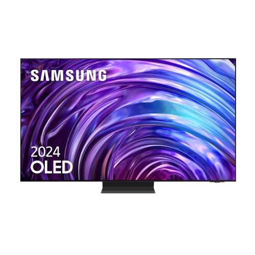 TV Samsung OLED, modelo 2024, con un fondo arremolinado morado y azul.