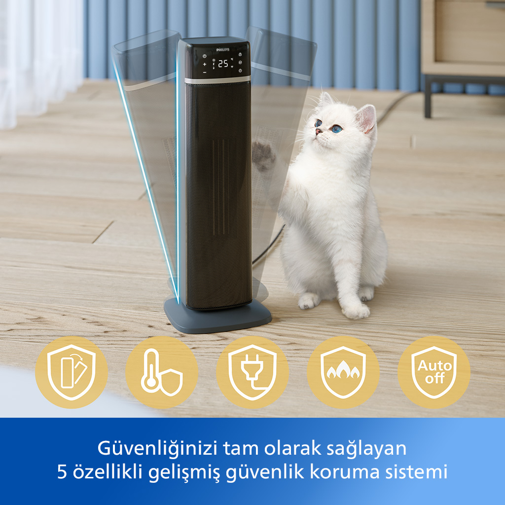 Beyaz bir kedi, siyah ve gri bir ısıtıcıya bakıyor. Altında güvenlik simgeleri.