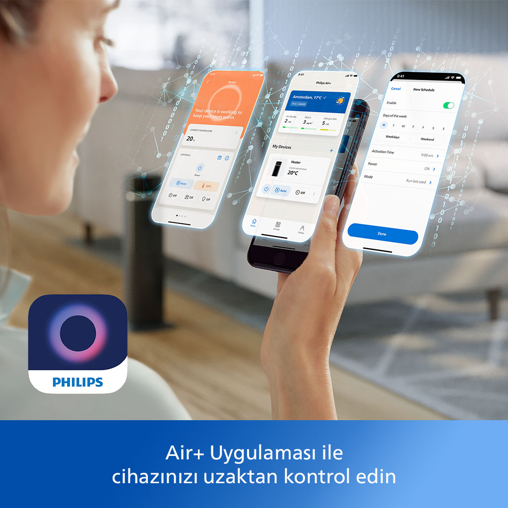 Bir kişi, akıllı ev kontrolünü gösteren üç uygulama ekranı olan bir akıllı telefon kullanıyor. Philips logosu görünür.
