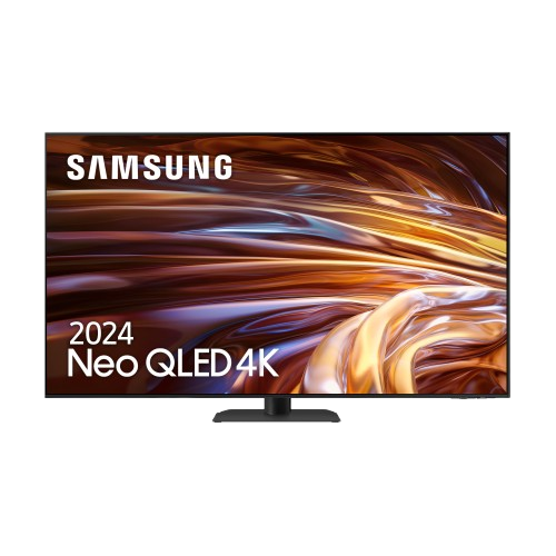 TV Samsung Neo QLED 4K 2024, marco negro, soporte y pantalla colorida.