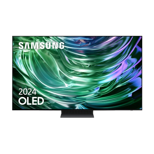 Un televisor Samsung OLED con pantalla curva, que muestra una imagen abstracta verde y blanca.