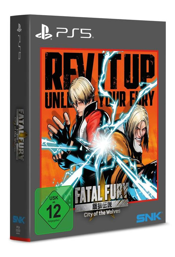 Spielbox für Fatal Fury für PS5. Zwei Charaktere mit Blitzen vor rotem Hintergrund.
