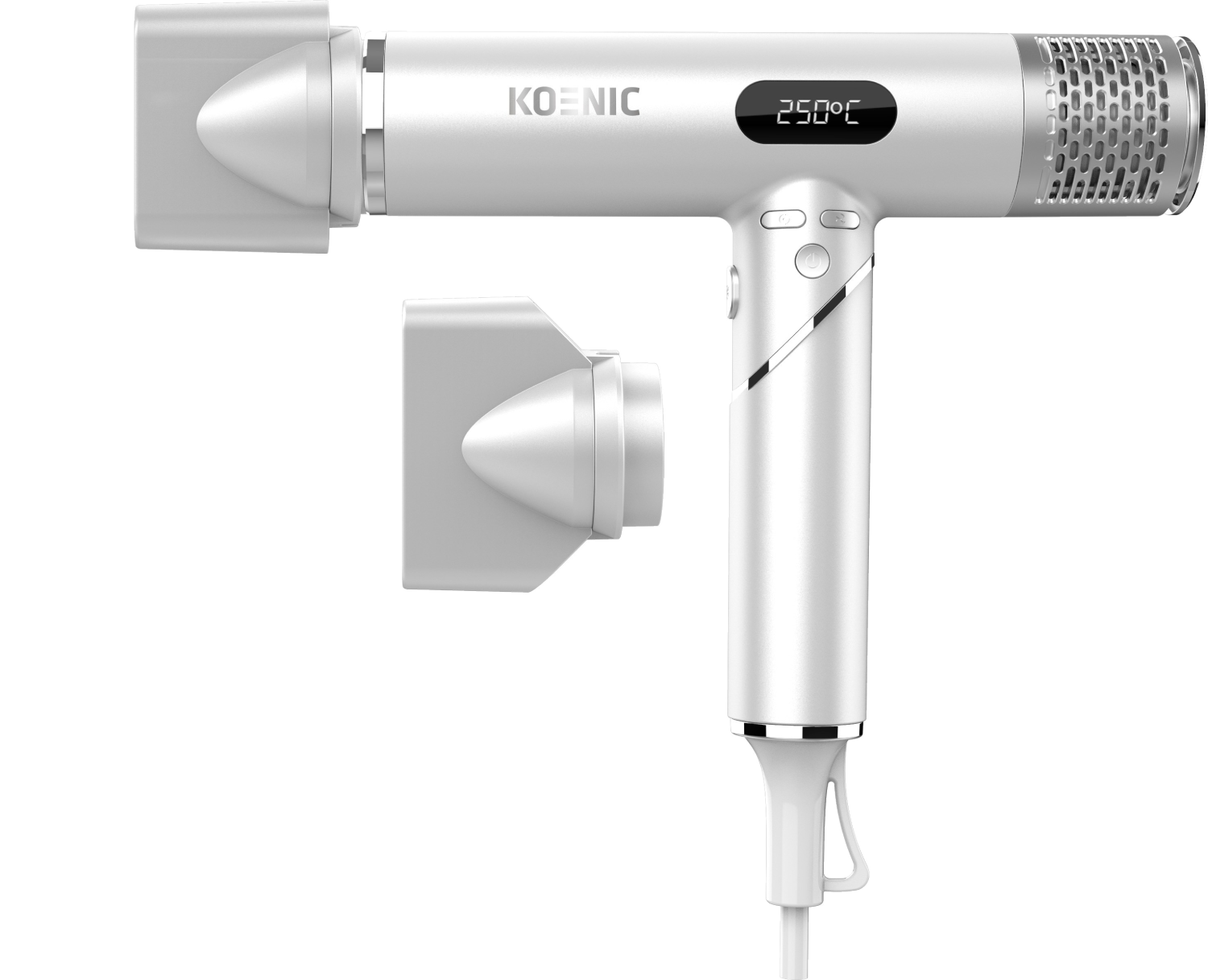 Secador de pelo blanco con accesorios y pantalla digital que muestra 250°C.