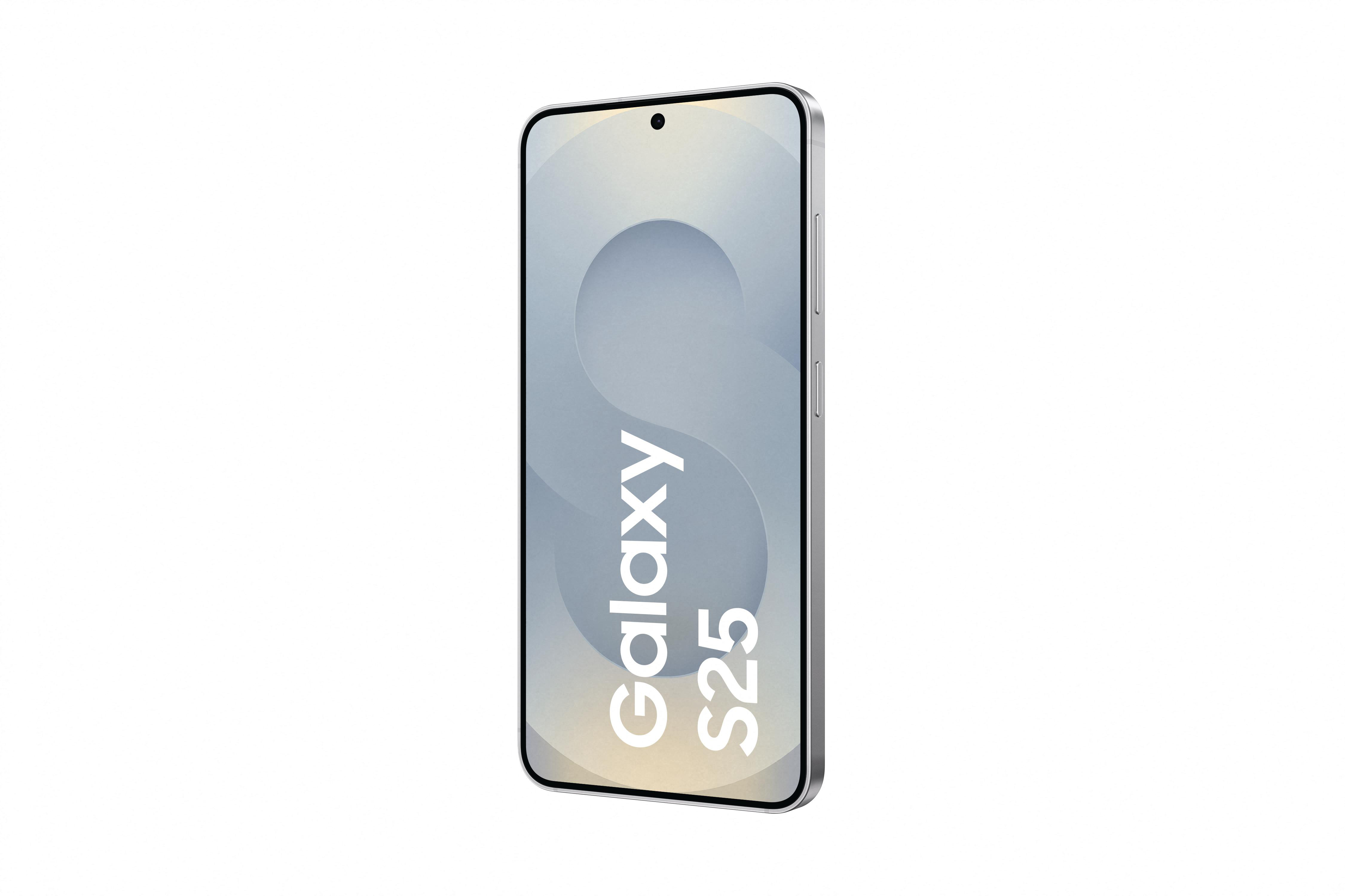 Ein Smartphone von der Seite, mit den Worten 'Galaxy S25' auf dem Bildschirm.