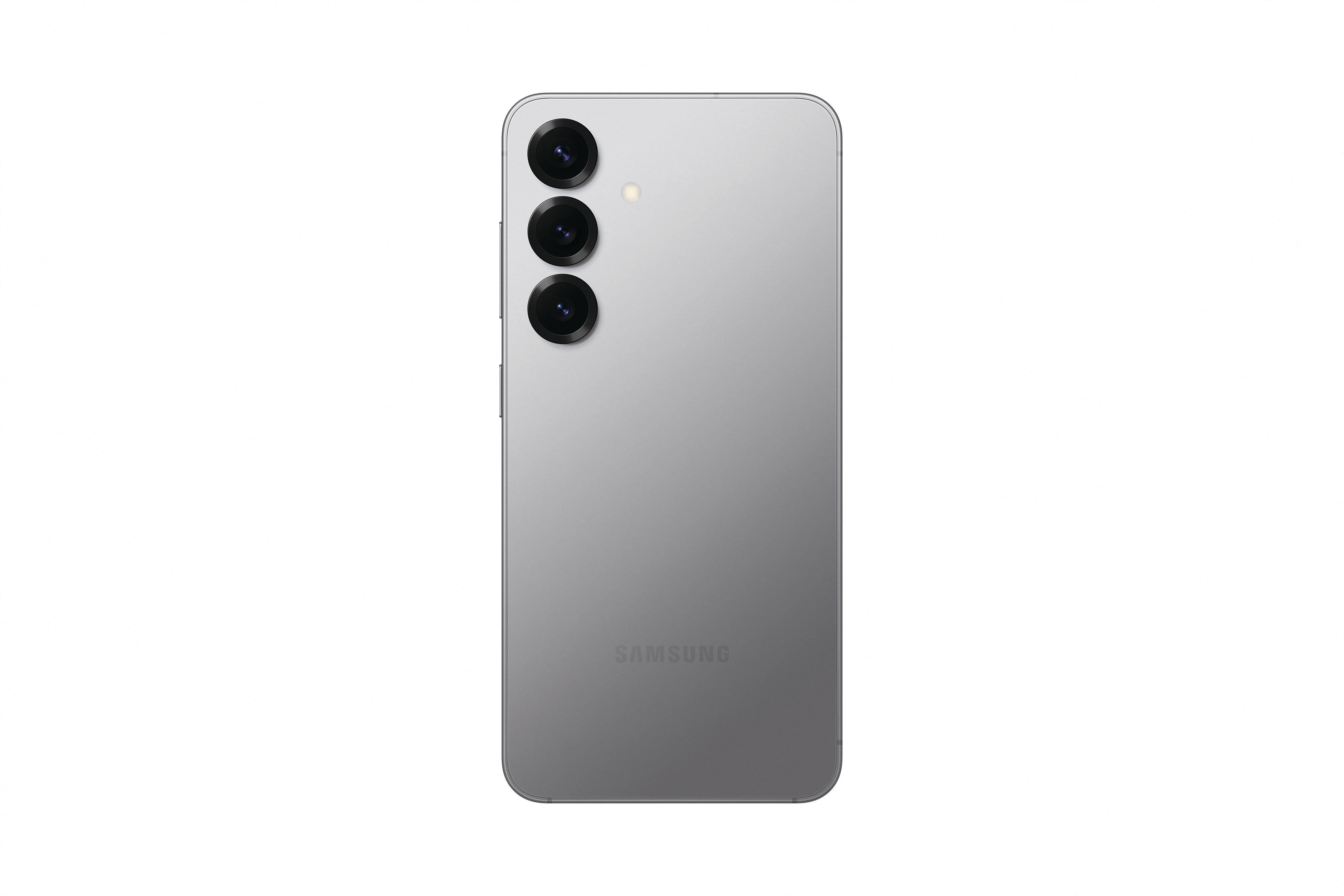 Graue Telefonrückseite mit drei Kameras. Samsung-Logo. Weißer Hintergrund.