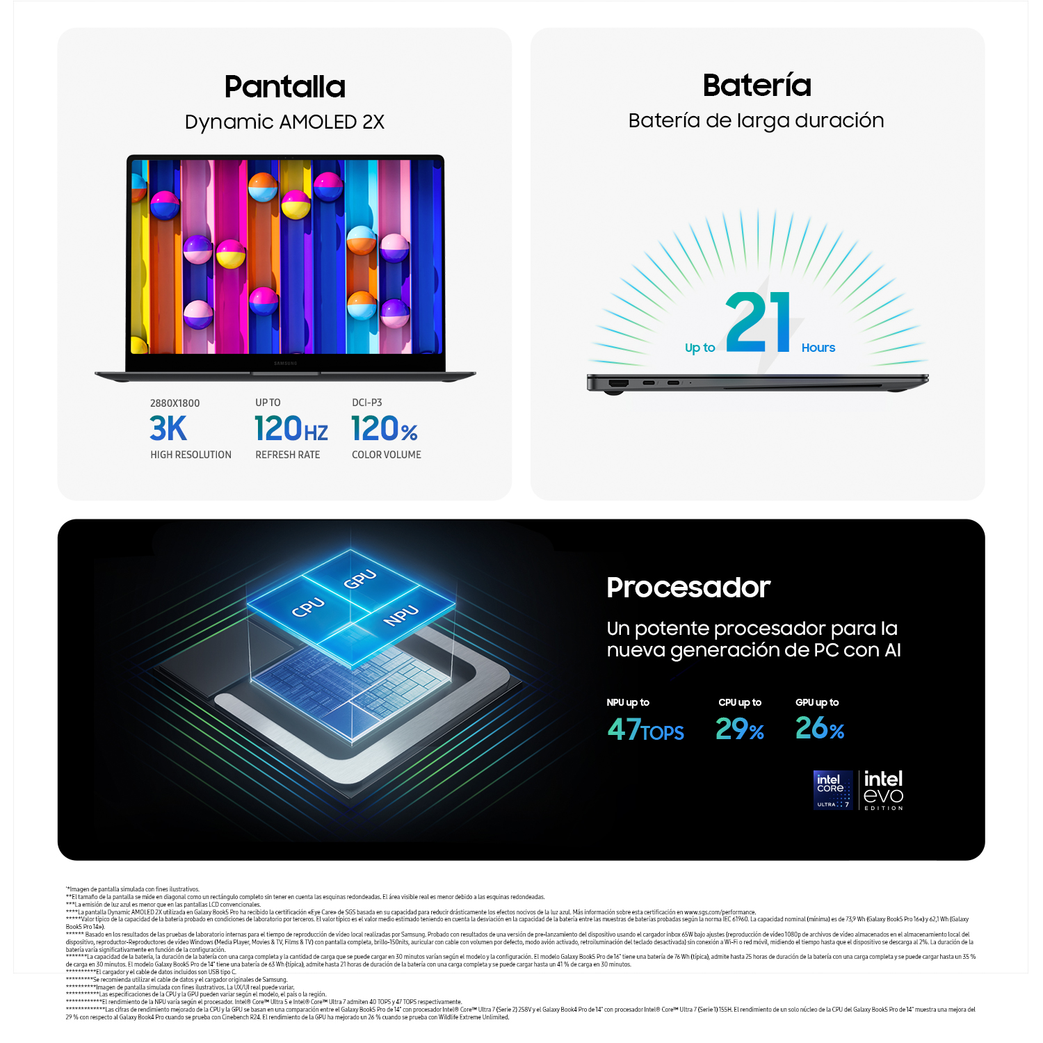 Especificaciones del portátil con texto: 3K, frecuencia de actualización 120Hz, volumen de color 120%, detalles del procesador.
