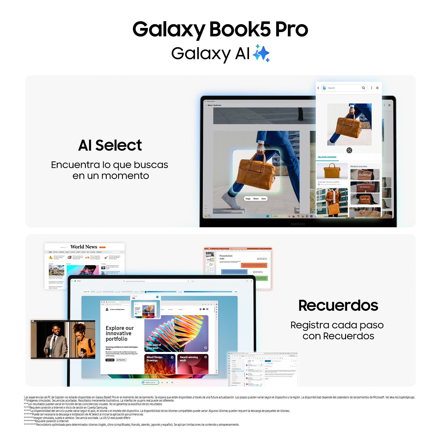 Una pantalla de portátil que muestra múltiples ventanas. El texto de arriba dice 'Galaxy Book5 Pro Galaxy AI'.