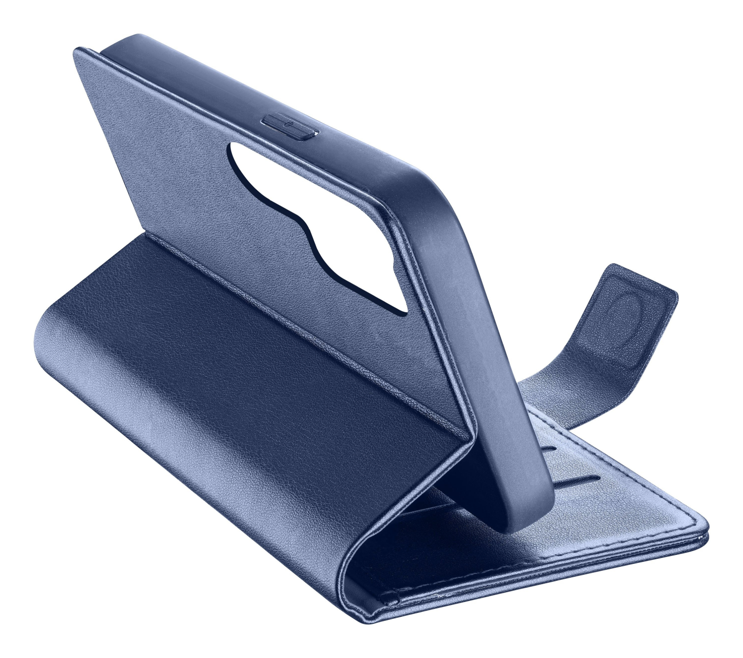 Funda de teléfono azul, abierta, mostrando el contorno del teléfono y ranuras para tarjetas. Fondo blanco.