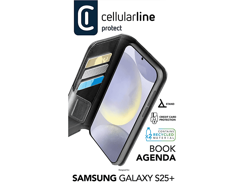 Funda móvil - CellularLine Book Agenda, Para Samsung Galaxy S25+, Con tapa, Tarjetero, Cierre magnético, Negro