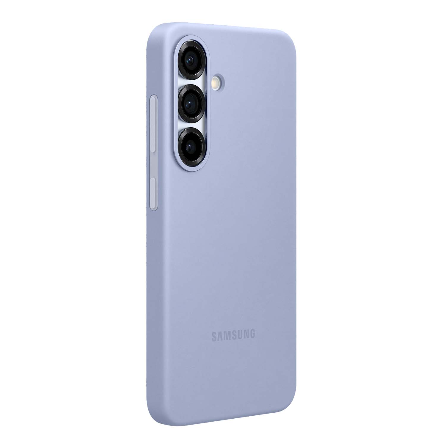 Funda de teléfono lila con 3 cámaras.